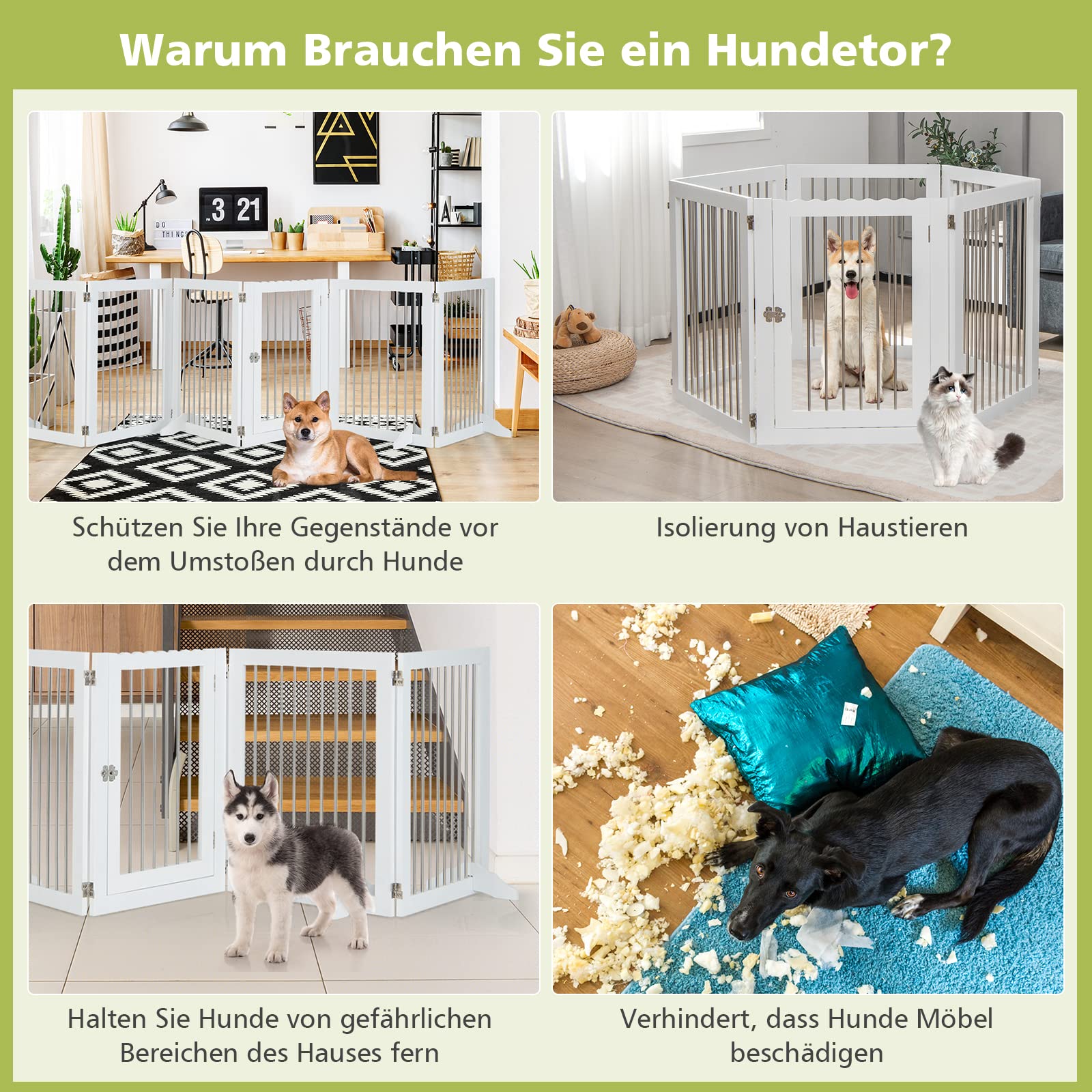 COSTWAY 6-teiliges Absperrgitter Hunde, Freistehendes Hundegitter mit Tür & 4 Stützfüßen, 80cm hoch, Klappbarer Schutzgitter, Treppengitter aus Holz und Edelstahl, für Kamin Treppe, Weiß