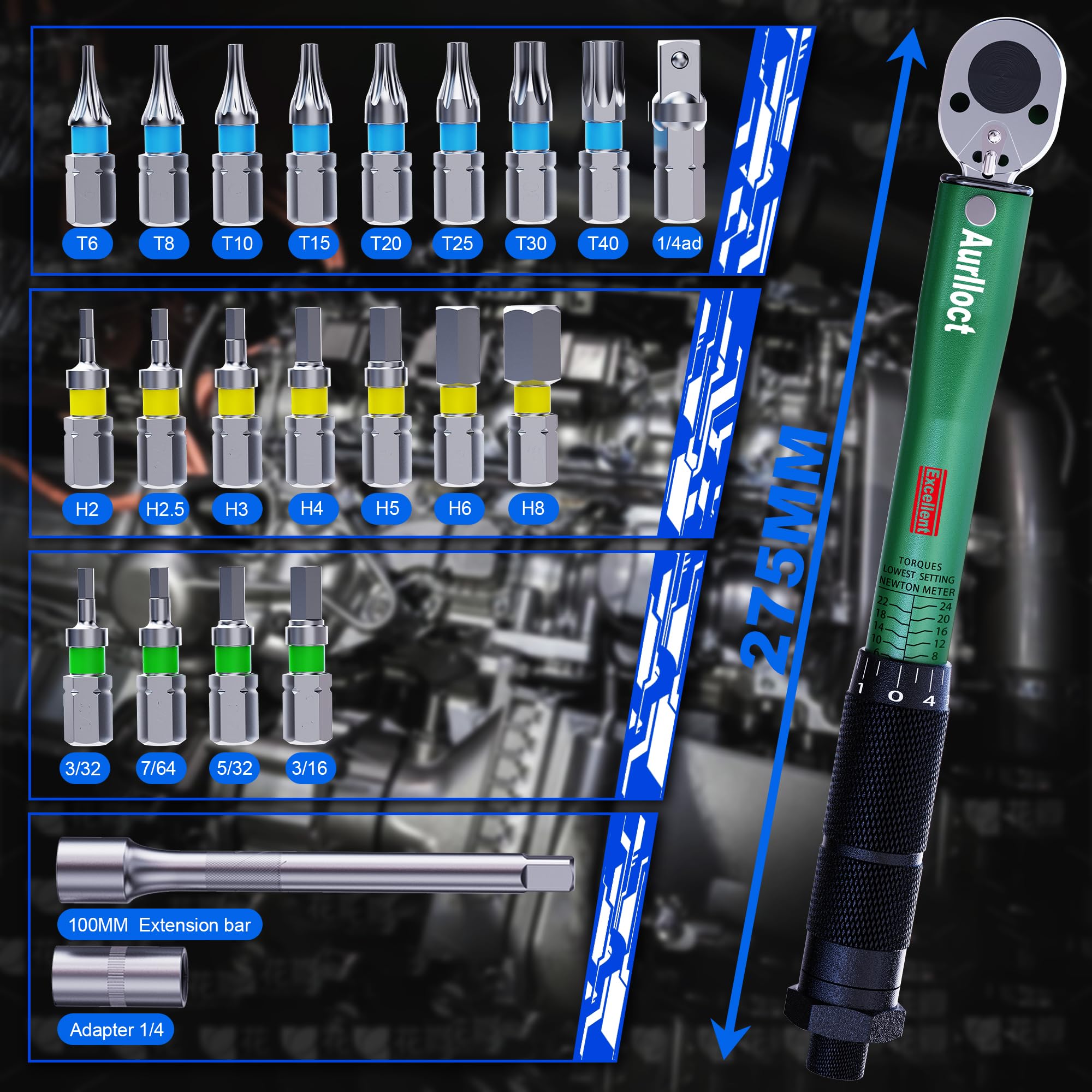Aurlloct 1/4 Inch Drive Click Torque Wrench 2-24 Nm Set Green - Image 2