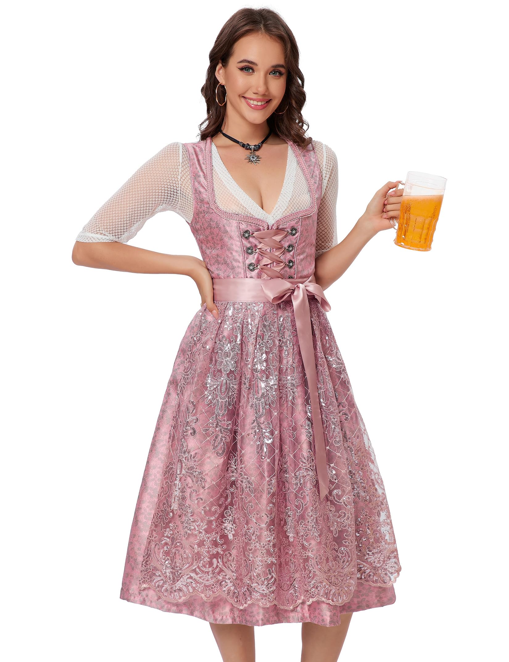 YesFashion Dirndl Damen Midi Dirndl für Damen Trachtenkleid 3Tlg. Trachtenmode Kleid für Oktoberfest Rosa