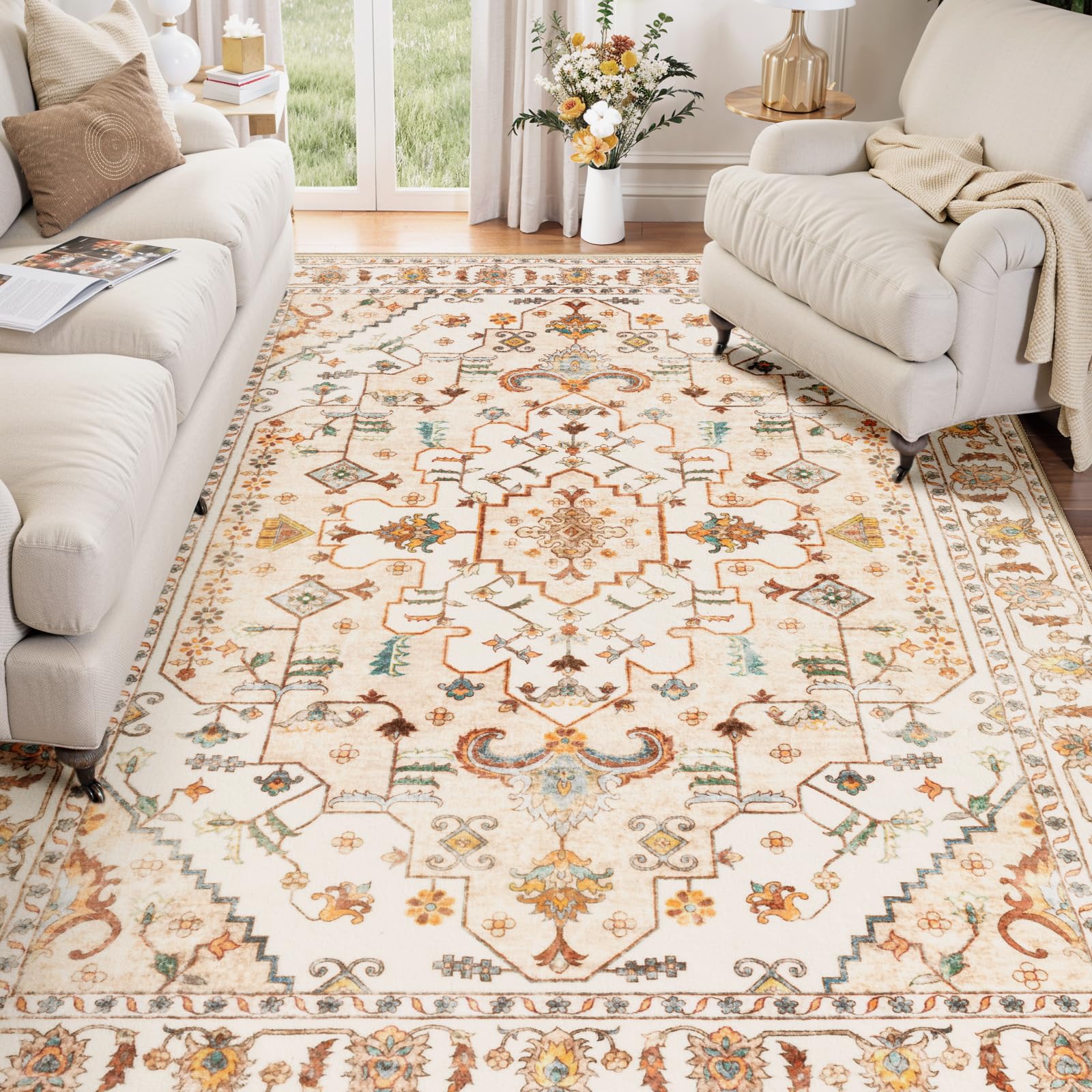 SERISSA Boho Area Rug 5x7 Light Yellow, Washable Large Rugs for Living Room, Ultra Soft Non-Slip Bedroom Rug Print Distressed Vintage Farmhouse Carpet Rug for Dining Room Dorm Office Home Decor