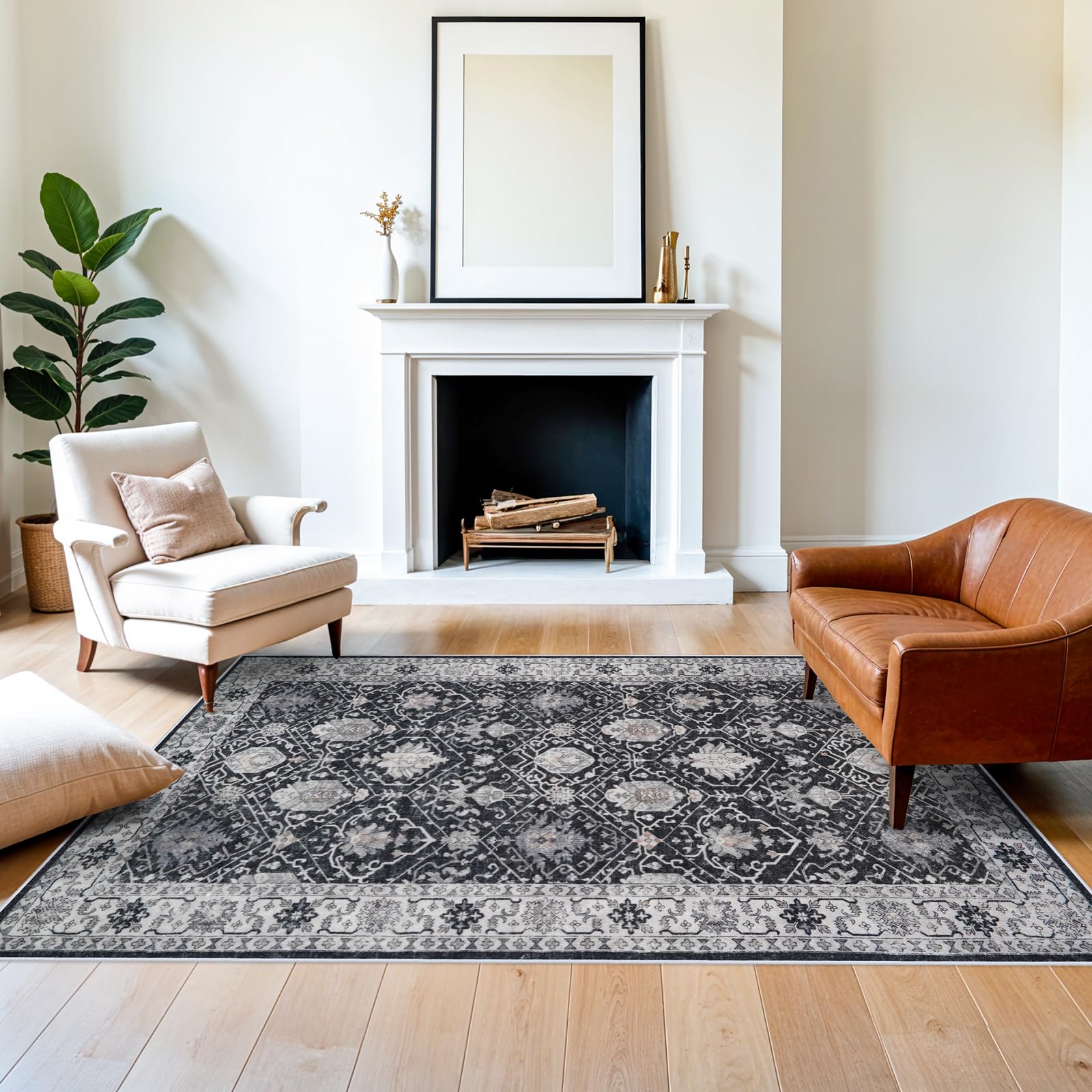 5x7 Living Room Area Rugs: Washable Non-Slip Stain Resistant Rug for Bedroom Dining Room Vintage Ultra Soft Indoor Carpet for Nursery Kitchen Farmhouse Thin Floor Mat for Home Office (5x7 Black)OEKO-TEX STANDARD 100