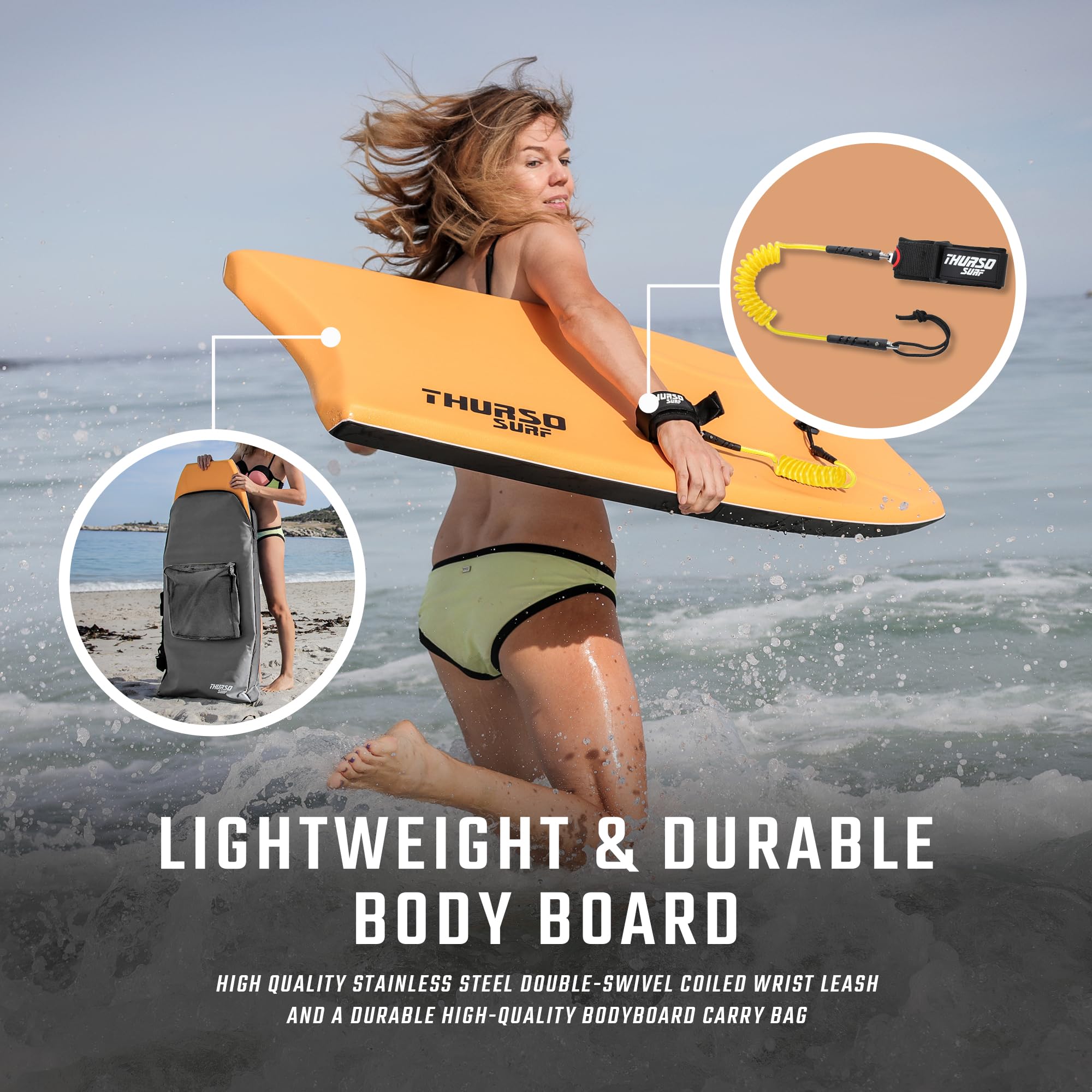 THURSO SURF 42 "Ligero PE Core IXPE Bodyboard Cubierta HDPE Slick Parte Inferior Incluye Pro Doble Giratorio Bodyboard Leash y Lux Bodyboard Bolsa, Tangerine