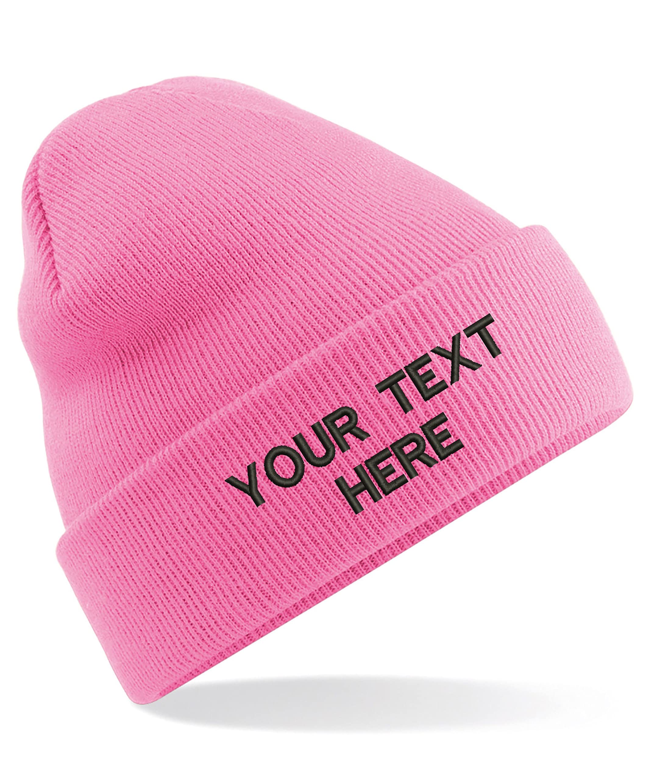 Personalised Embroidered Your Text Beanie, Knitted Cap Your Name Hat Unisex Gift (Classic Pink)