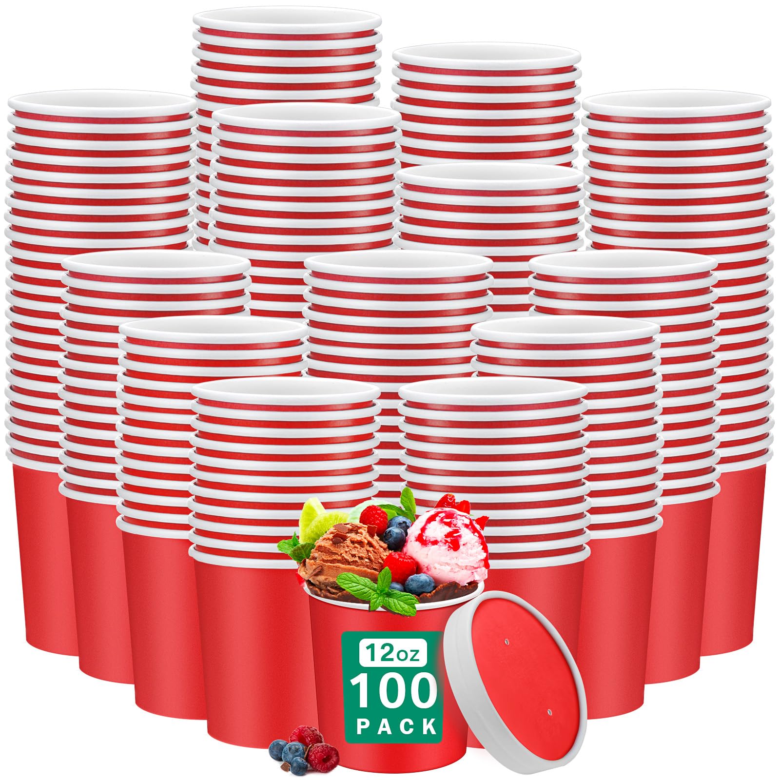 Irenare Lot de 100 gobelets à soupe jetables avec couvercles ventilés, bols à crème glacée, soupe chaude avec couvercles en papier pour Thanksgiving, dessert, yaourt (rouge, 473,6 g)