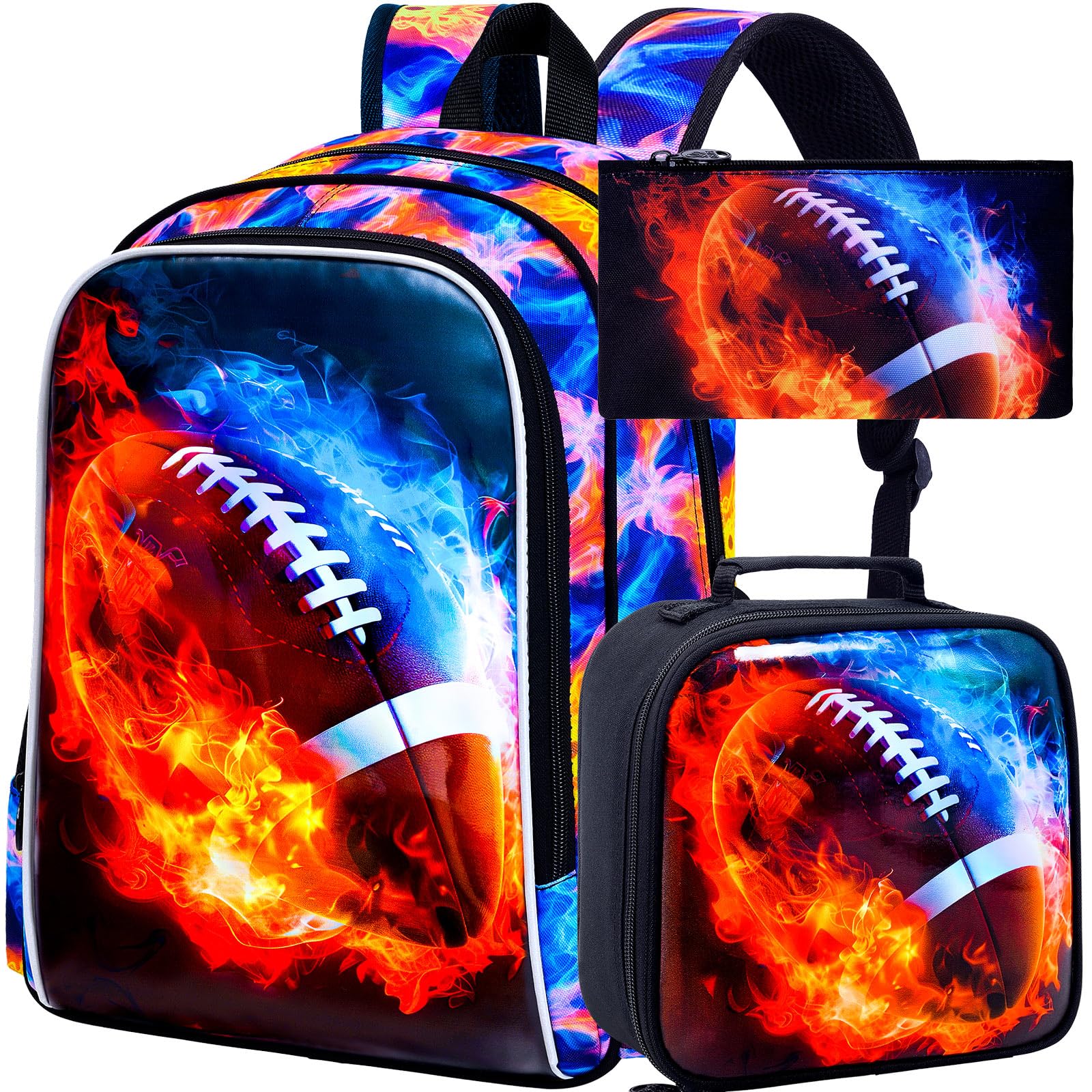 KLFVB 3PCS Kids Bookbag, 17" Boys Backpack and Lunch Box, Water Resistant Teenagers School Bag for Middle Elementary - Flame Rugby