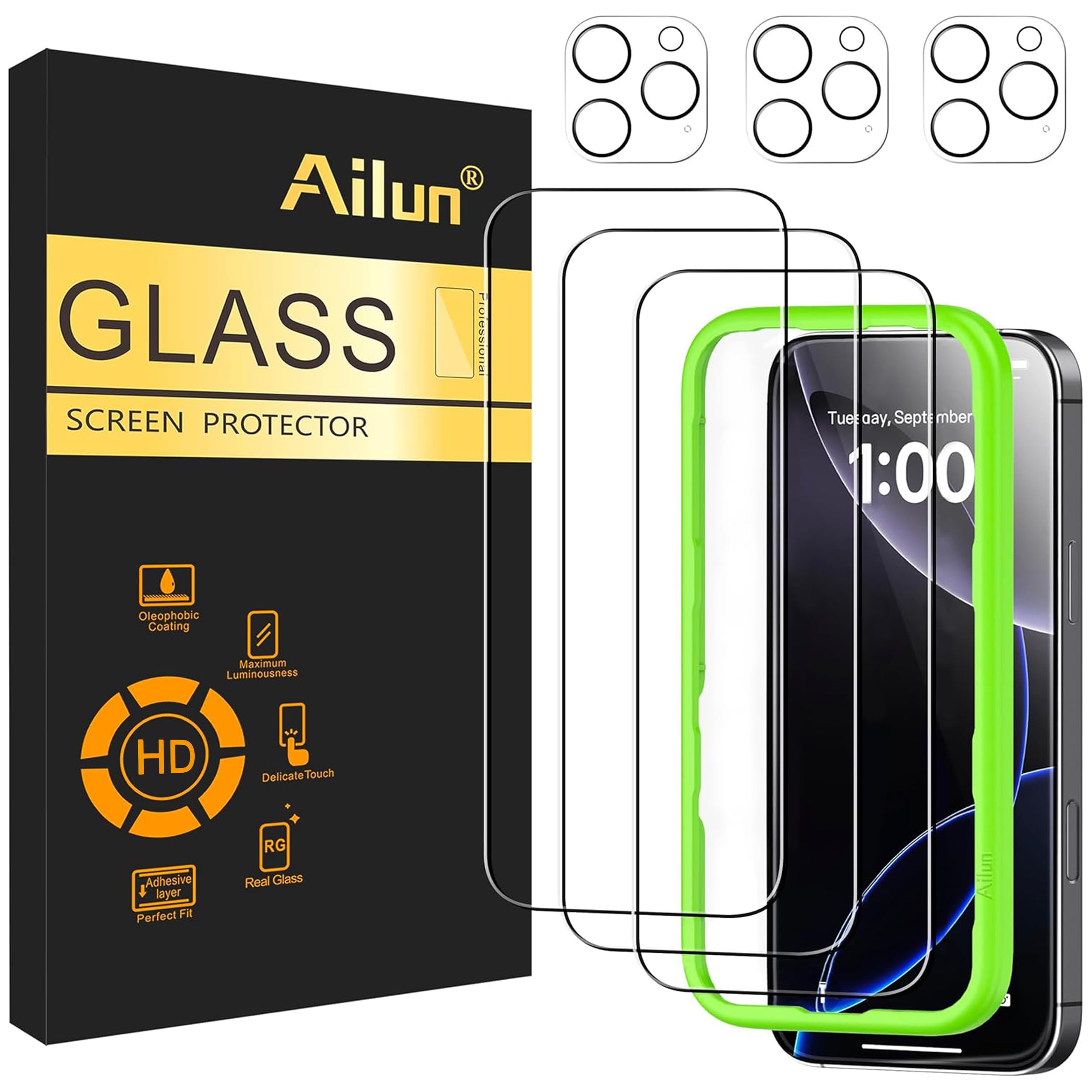Ailun Screen Protector + Camera Lens Protector for iPhone 16 Pro, 3+3 Pack | 6.3 inch, Installation Frame, Case Friendly, Tempered Glass Film, Not for iPhone 16e/16/16 Plus/Pro Max