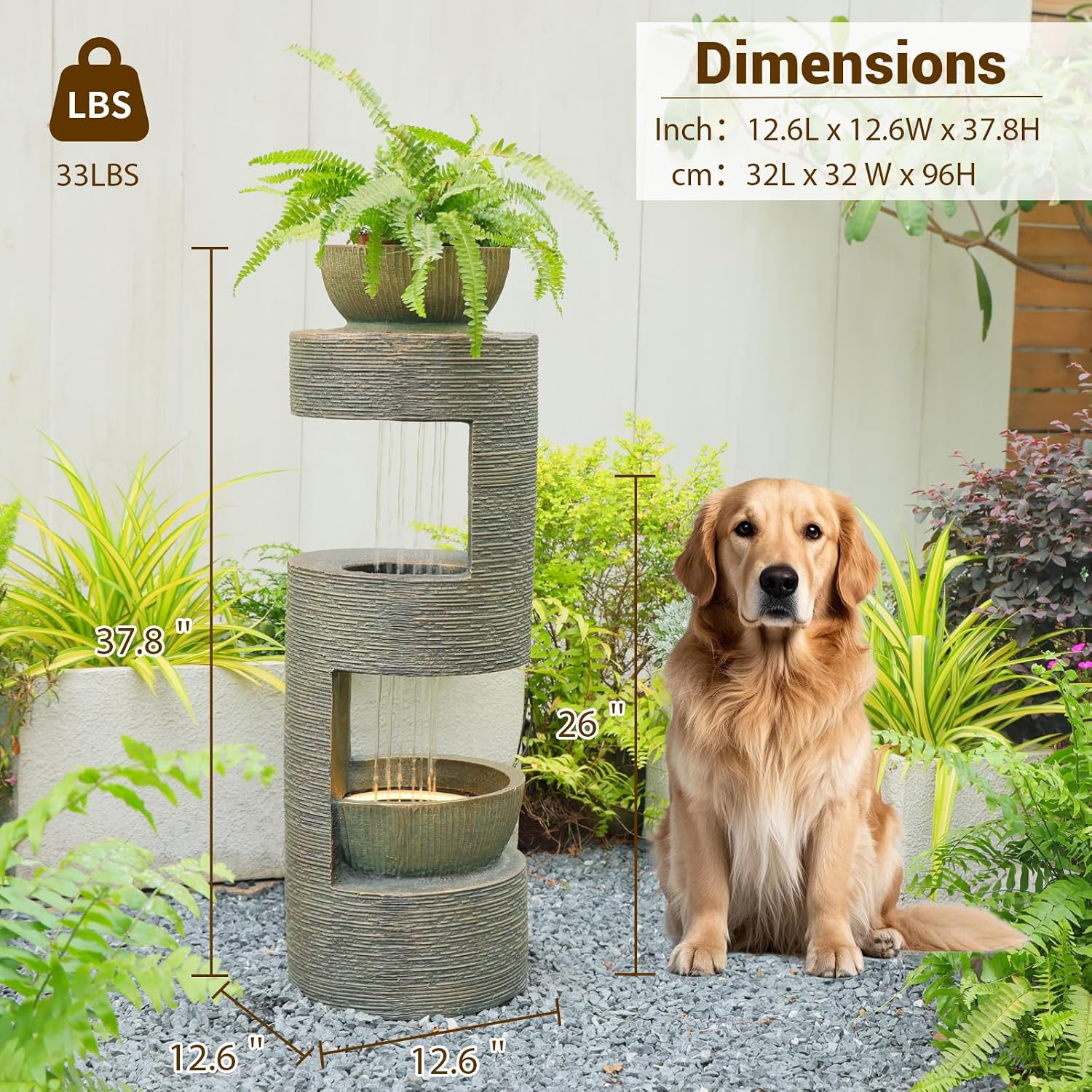 Sunlinua 33" H Modern Outdoor Water Fountain Cascading Realistic Rock Waterfall Fountains with LED Warm Lights Outdoor Water Fountain for Garden Patio Backyard Porch Home Decor Brown