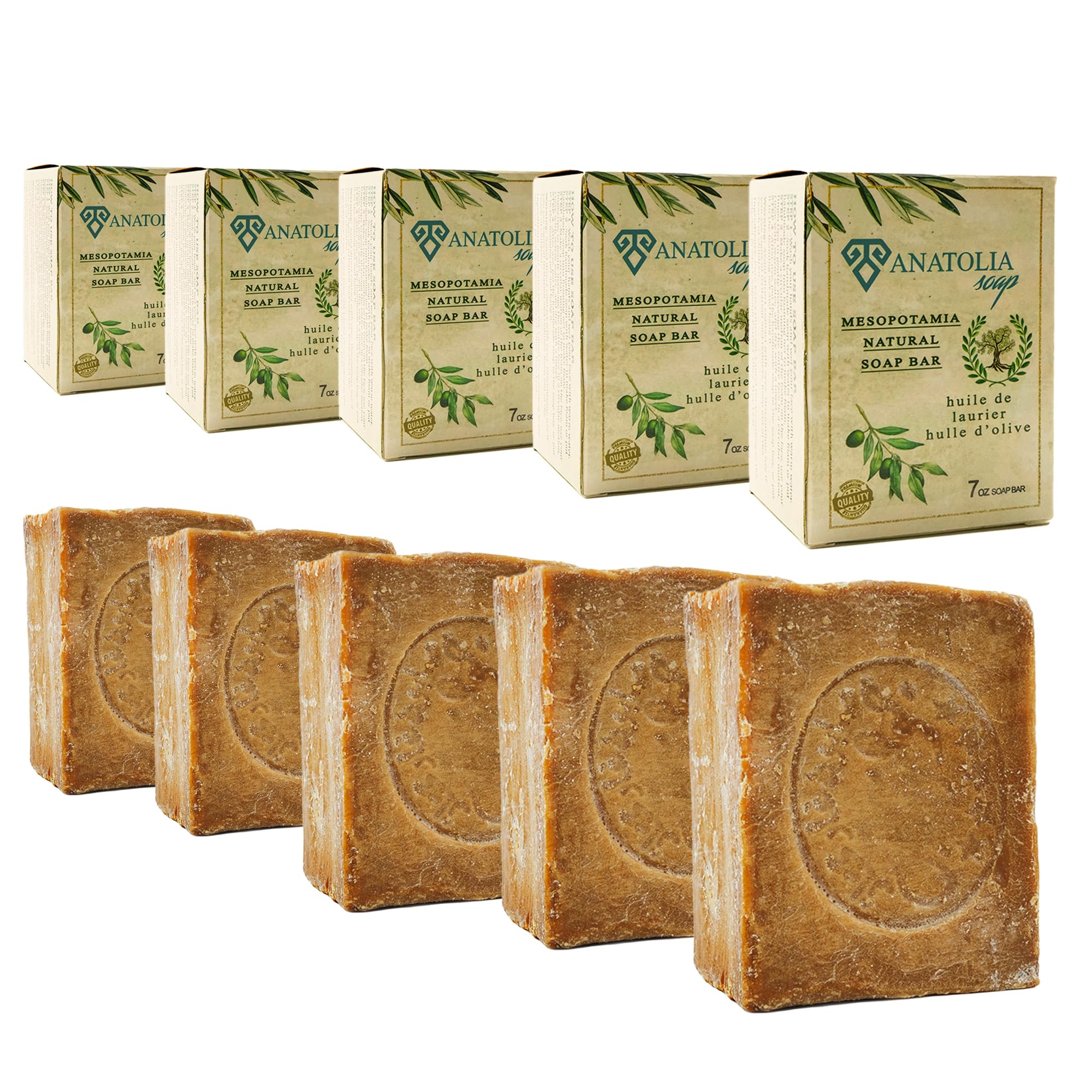 Aleppo Soap, 5-Pack | 100% Olive Oil Organic Handmade Natural Castile Soap for Women & Men | Big Bar, 5 x 7 oz (35 oz Total)