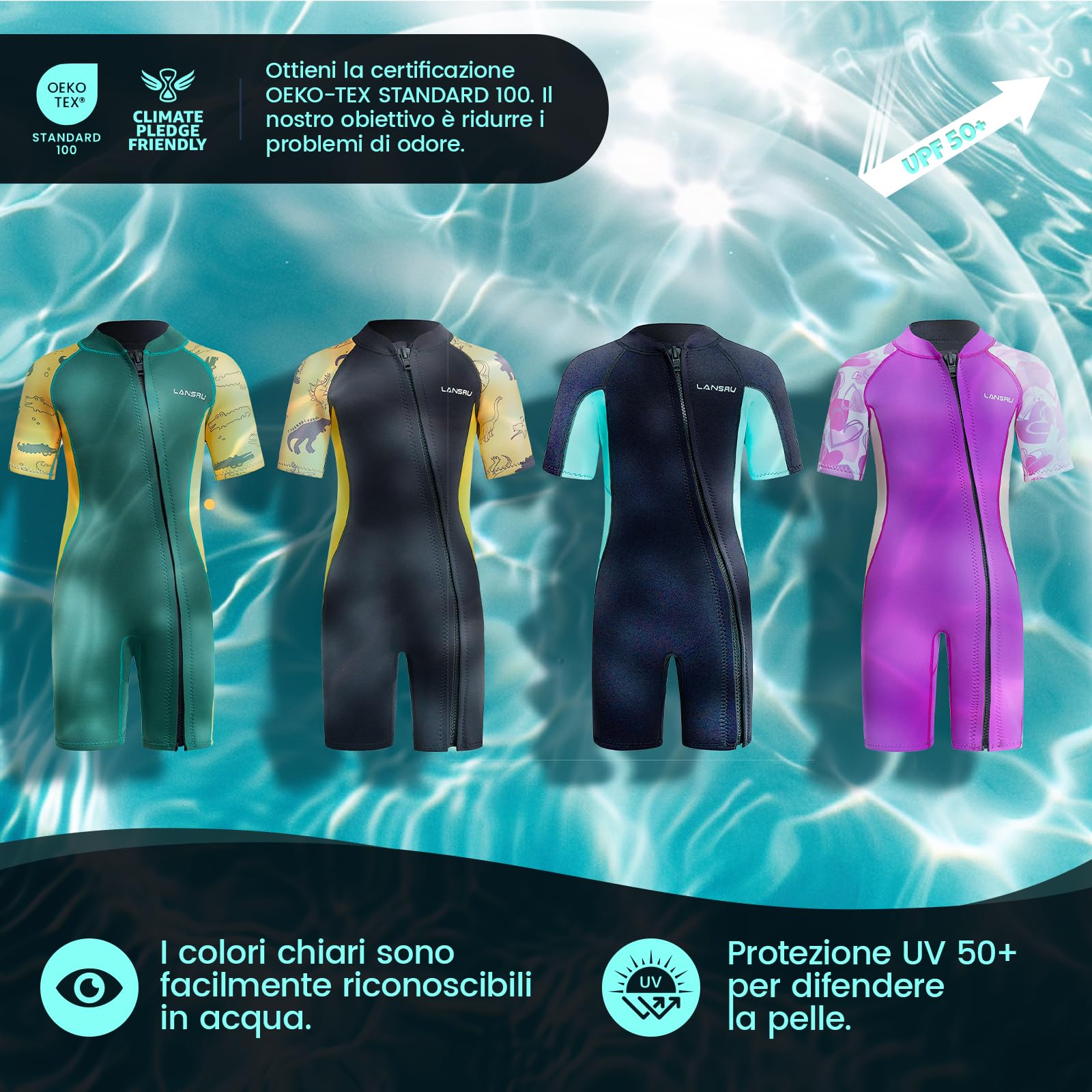Muta in neoprene per bambini – 2,5 mm SCR, tuta corta sicura con protezione UV, cerniera anteriore obliqua, mantiene gli adolescenti caldi in acqua fredda