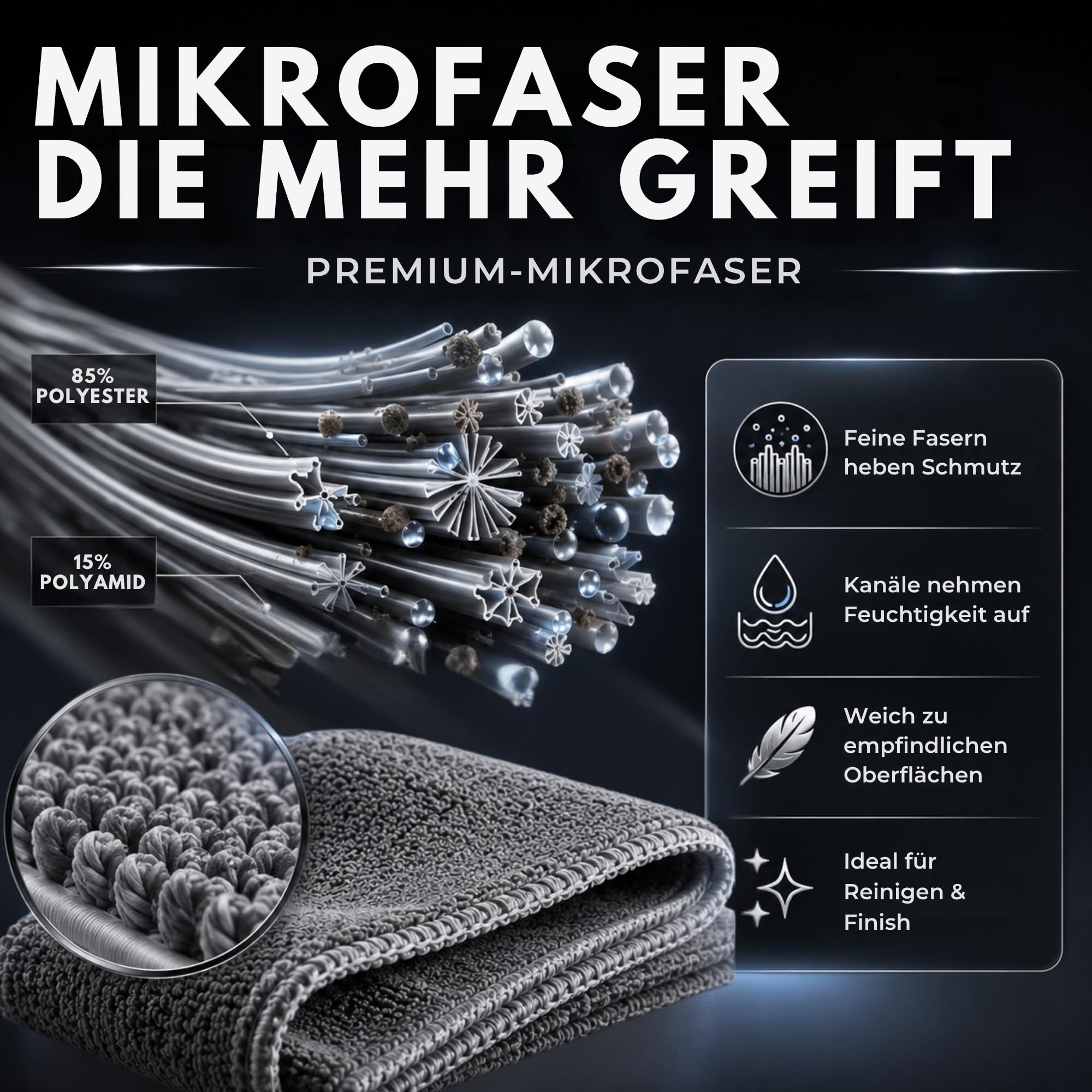 2er Set Premium-Mikrofasertücher Graphitgrau, Flip & Shine | 2 Profi-Tücher 30x30 cm mit Hochflor- & Polierseite | Ideal für Matte & hochglänzende Küchenoberflächen