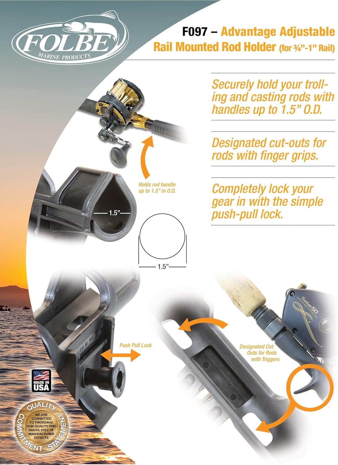 Folbe F097 - Advantage Adjustable Extended Rail Mounted Fishing Rod Holder - Fits 3/4"-1" Rails
