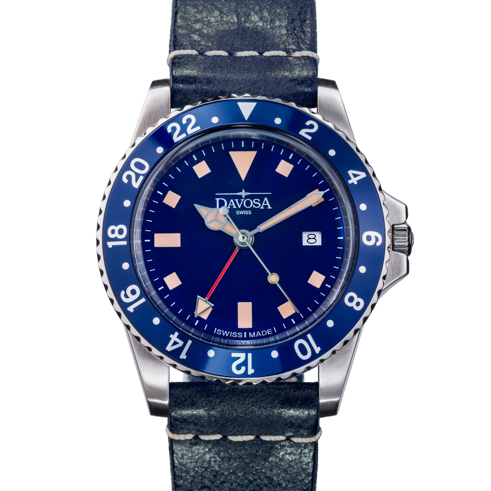 DAVOSAQuartz Swiss Vintage Diver Blue Leather Strap Watch 16250045