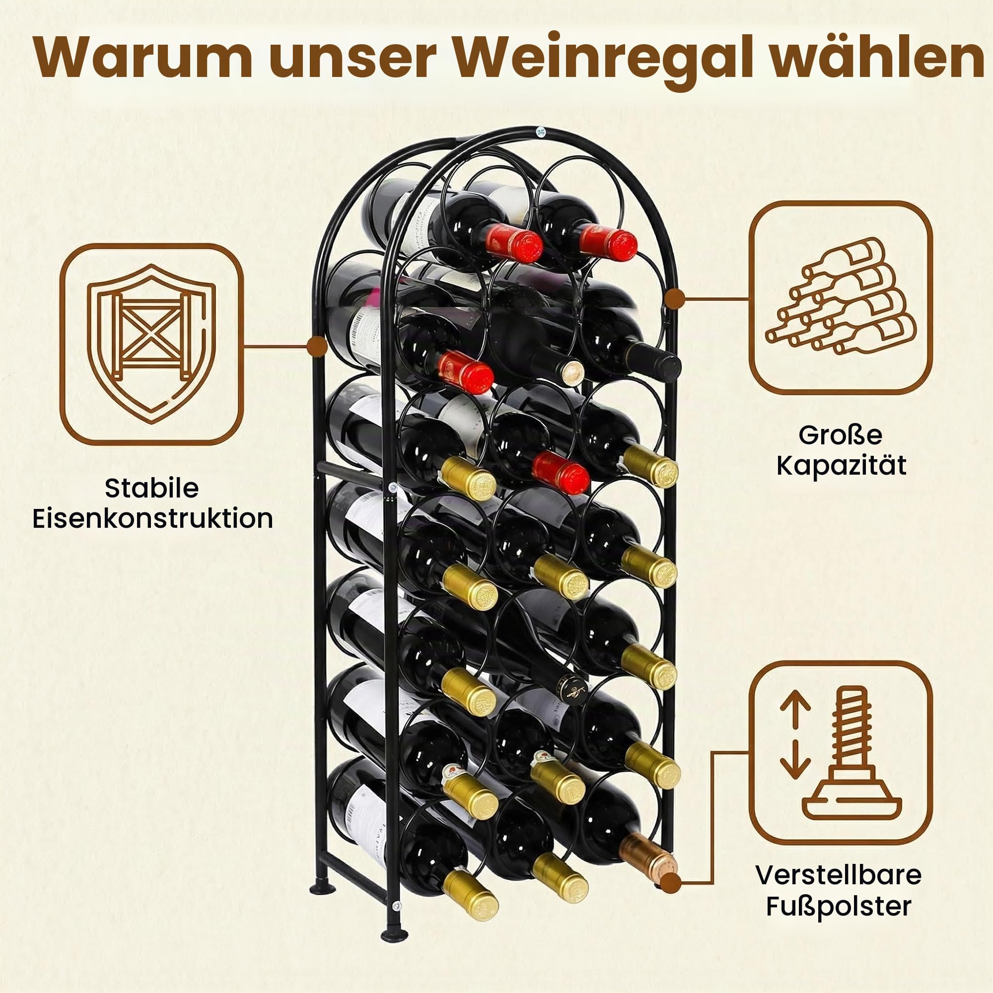 PAG Weinregal Metall 23 Flaschen Freistehendes Boden-Flaschenregal, Dekorativer Flaschenhalter-Ständer für Küche/Boden/Bar, Schwarz