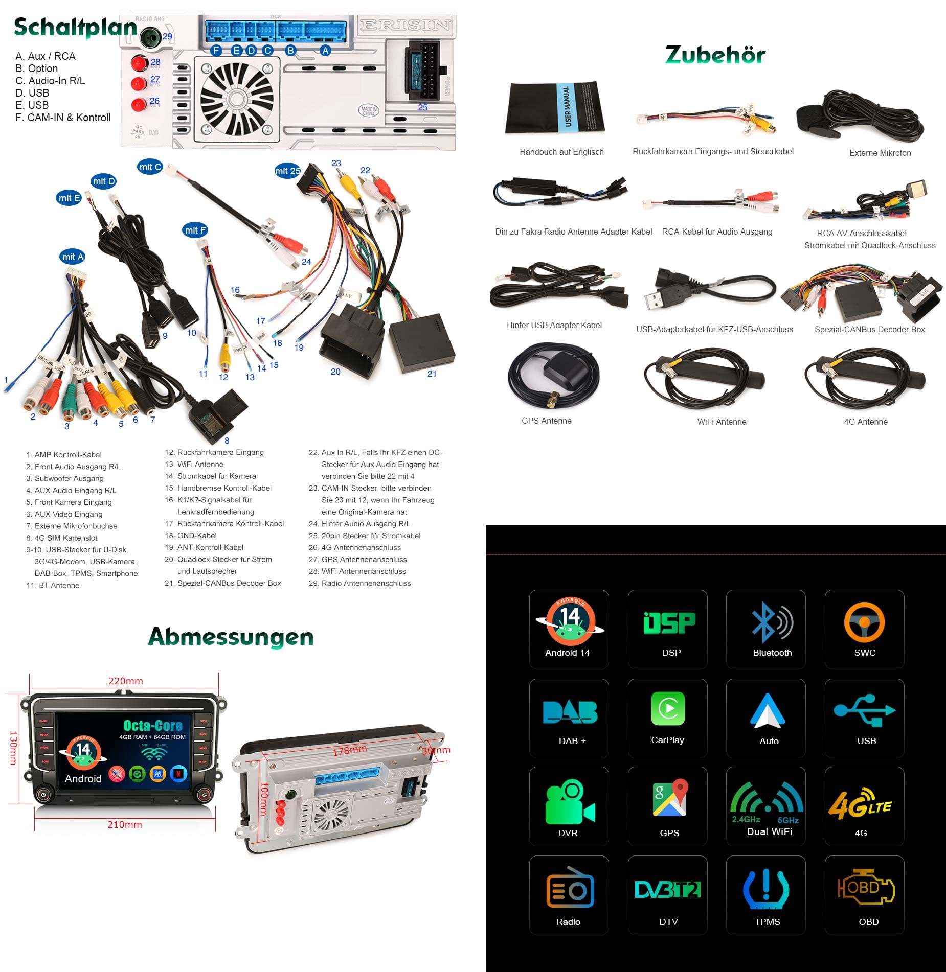 7 Zoll 8-Kern 4GB+64GB Android 14 Autoradio mit GPS Navi für VW Crafter Amarok Caddy Polo 6R Transporter T6 Skoda Yeti Bluetooth CarPlay Android Auto WiFi 4G DSP DAB+ OBD2 USB DVB-T2 Canbus OPS SWC