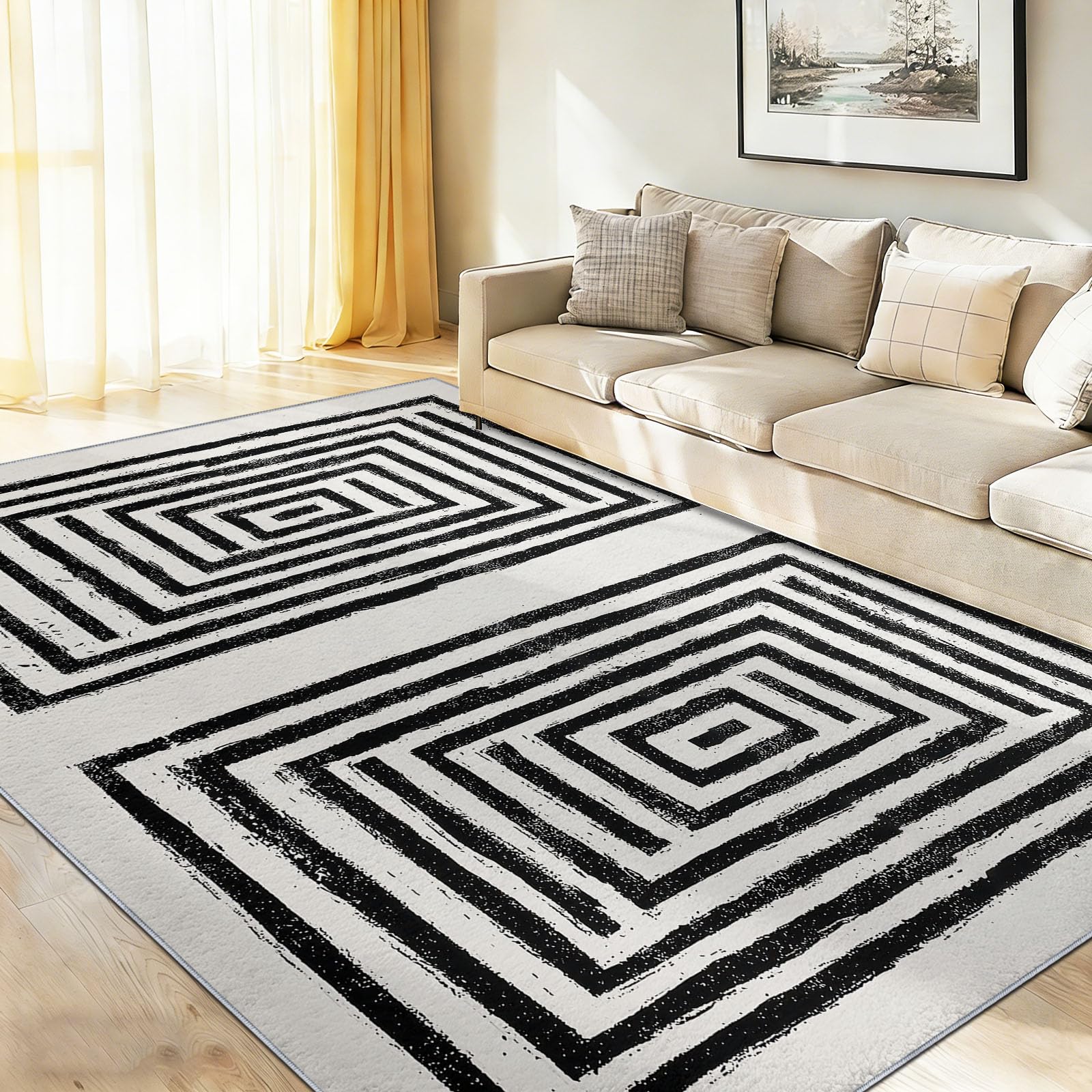 Minimalistisch Modern Kinderteppich Geometrie Konzentrische Quadrate Dicke Linien, 180 x 240 cm | waschbar Pflegeleicht rutschfest strapazierfähig hautsympathisch, Schlafzimmer Wohnzimmer Esszimmer
