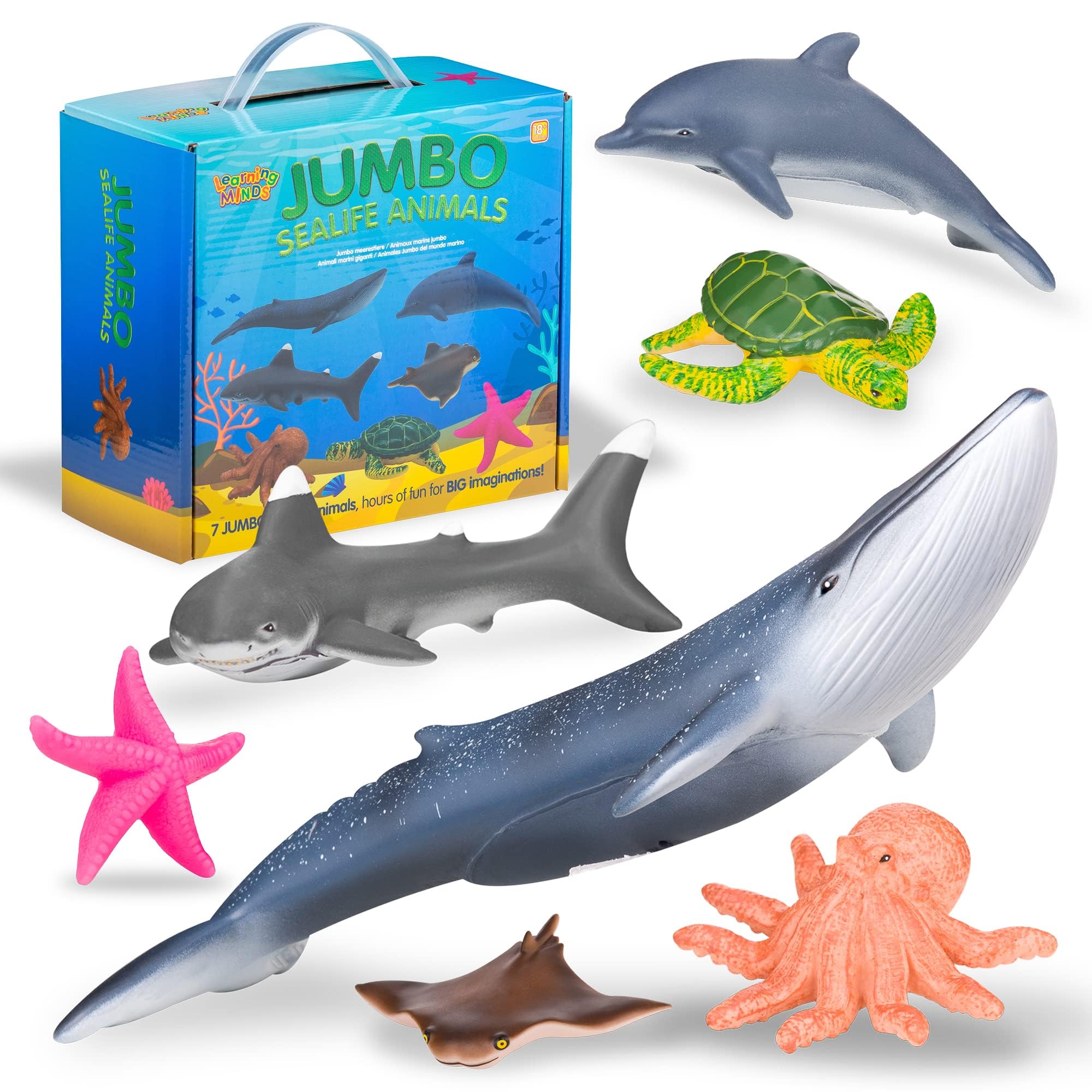 Learning Minds Jumbo Sea Animals - Set of 7 Educational Ocean Fish Toys for Kids - Shark, Whale, Dolphin, Octopus Animal Figures - Toy Fish & Sea Creatures for Toddlers - Age 18 Months +