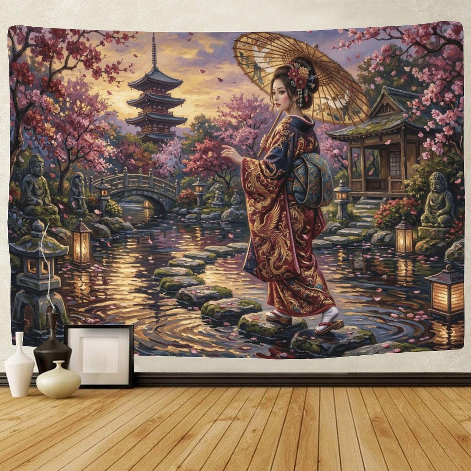 GPMNBCXZK Japanese Geisha 3D Printed Home Bedroom Wall Art Pagoda Tapestry Living Room Decor 180cmx230cm