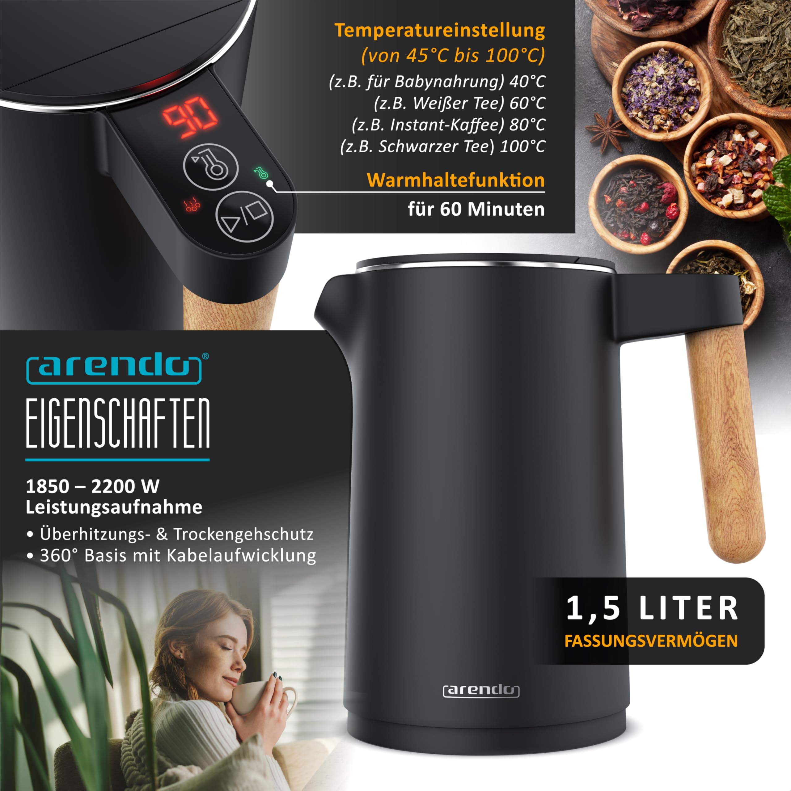Arendo Wasserkocher Toaster SET Edelstahl 45-100 Grad Warmhaltefunktion 4 Scheiben Touch Display Brötchaufsatz Schwarz Matt