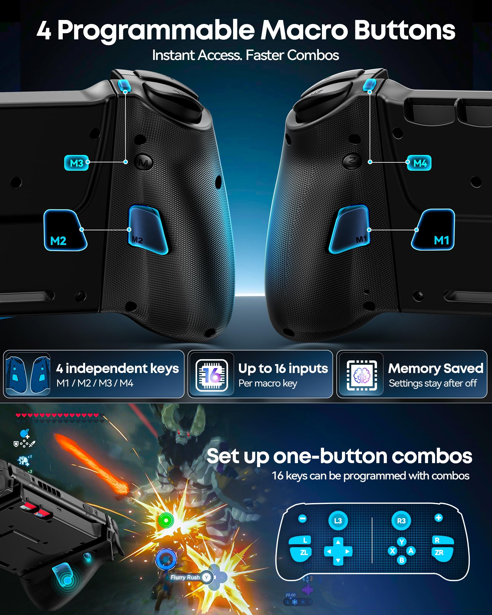 Controller per Switch 2/Switch/OLED con TMR Joystick, Monoblocco Estensibile Joypad Nintendo Switch, Gamepad Sostitutivo Switch Pro con Luci RGB, TURBO Regolabile, Vibrazione, Macro Programmabile