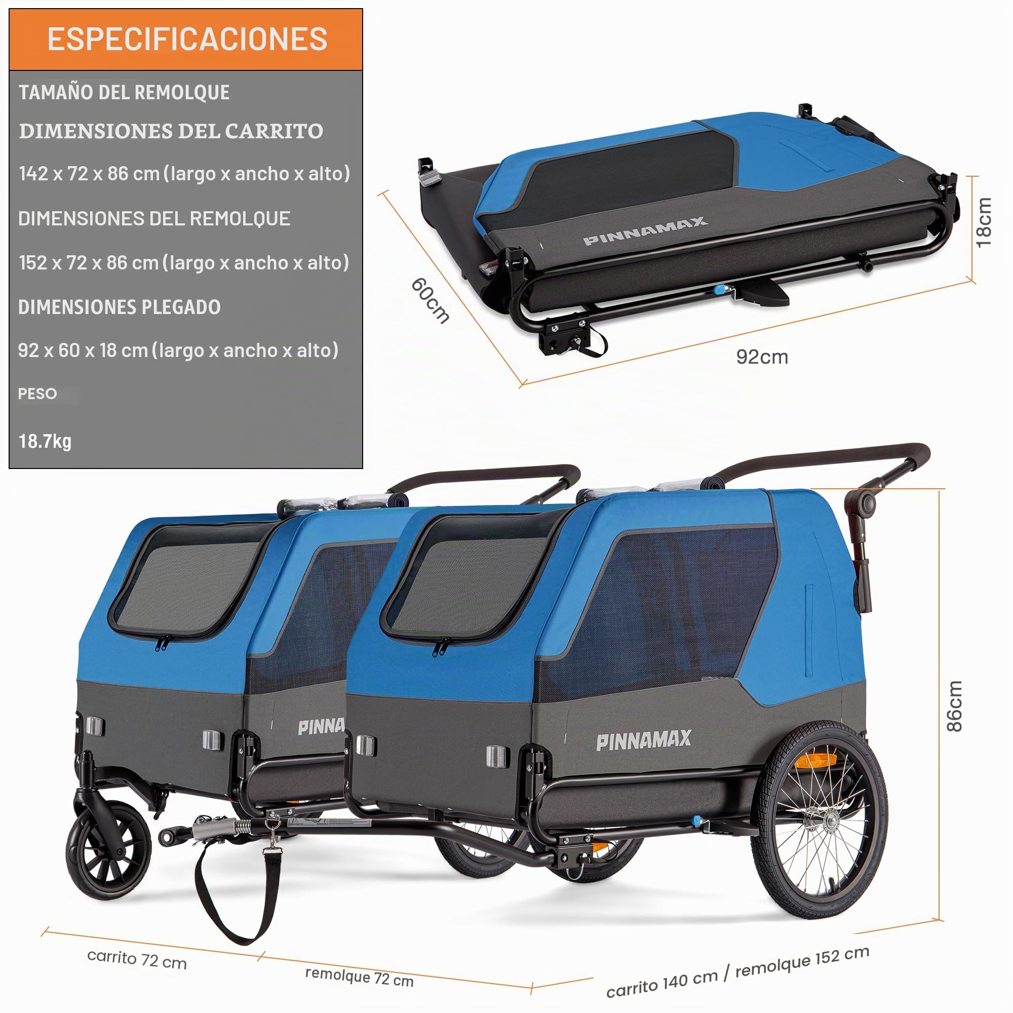 Remolque para Perros PINNAMAX para Bicicletas: Carrito para Mascotas 2 en 1, con una Capacidad de Carga de hasta 45 kg; Remolque para Perros con Enganche Universal para Bicicleta
