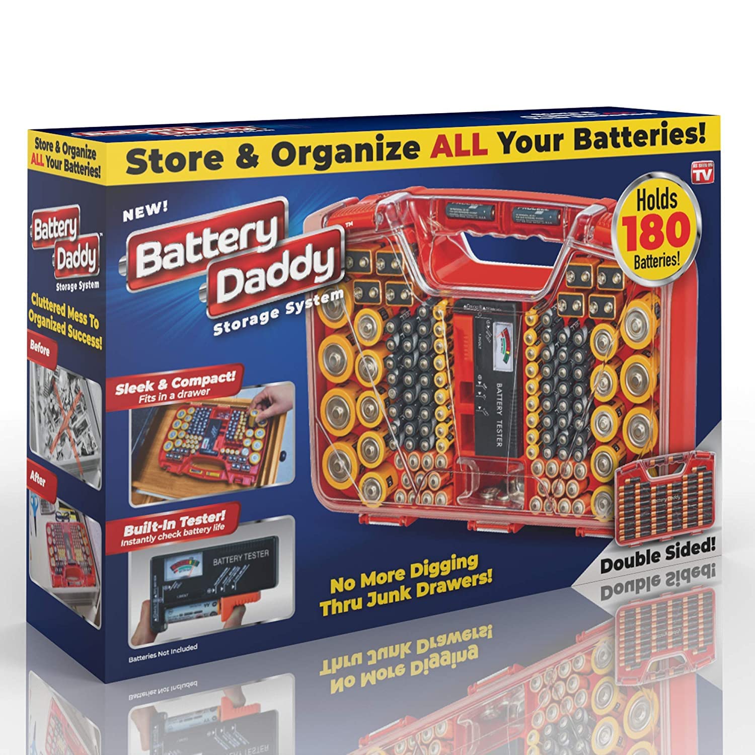 TELE WELTBattery Daddy Battery Box [Includes Tester without Batteries] - The Perfect Battery Storage Box for Your Batteries - Ideal Battery Box with Space for up to 180 Batteries, Transparent