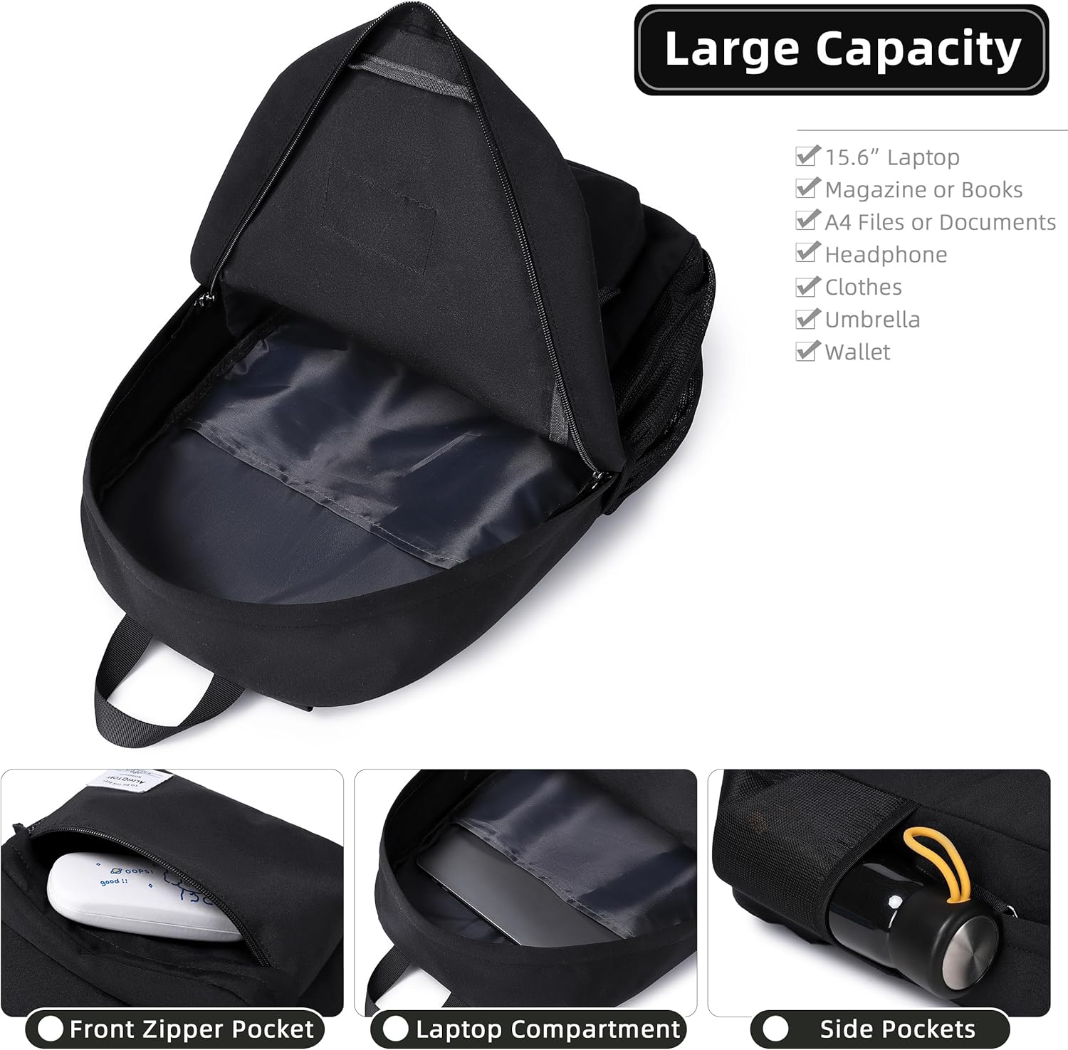 Backpack for Women Men 17 Inch Laptop Back Pack Large College Bookbag Kids Elementary Middle High School Bag for Girls Boys Teens Students Lightweight Travel Work Backpacks Casual Daypack Black - Image 4