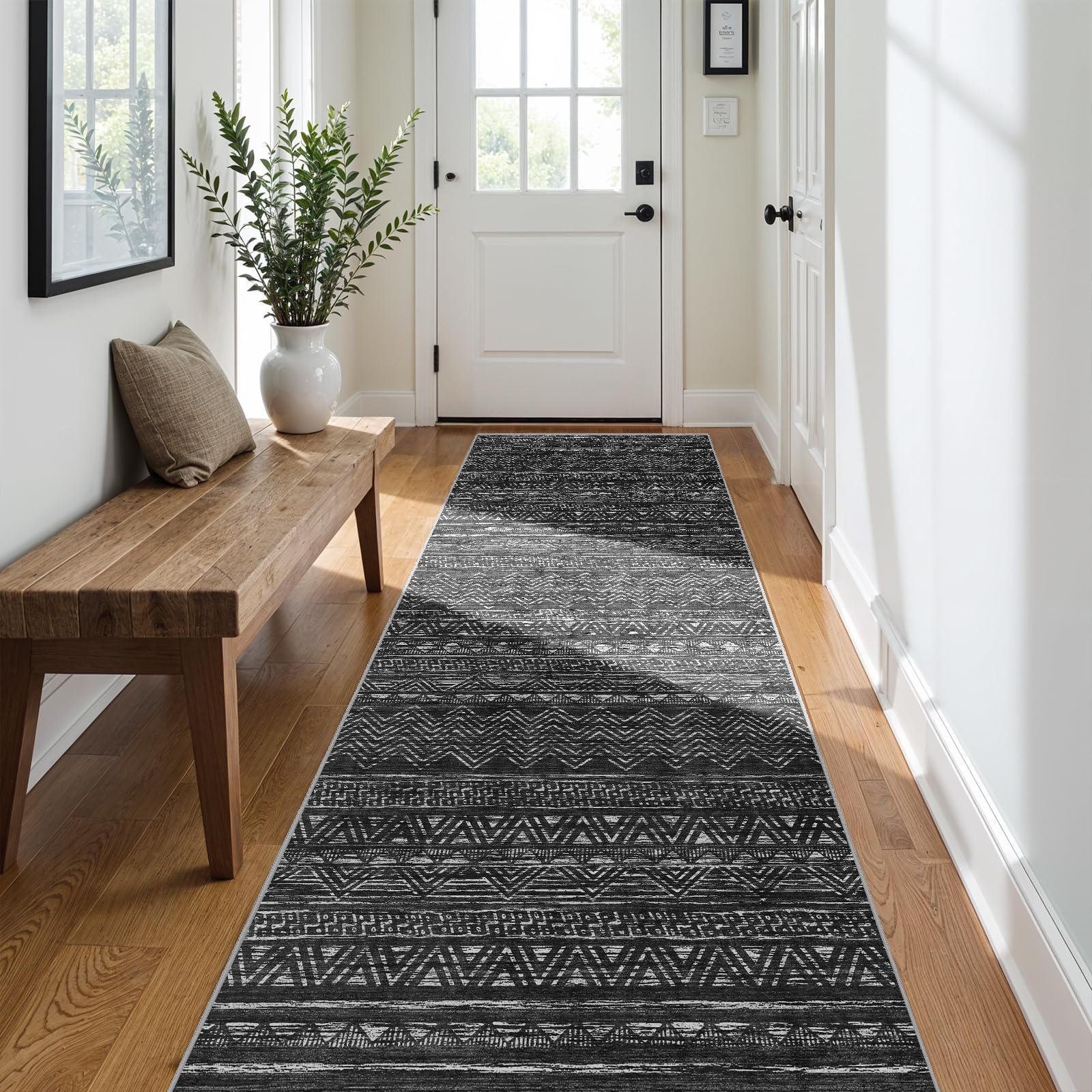 3x10 Washable Hallway Runner Rug - Moroccan Non-Slip Long Runners for Entryway Soft Modern Geometric Low-Pile Rugs for Kitchen Waterproof Neutral