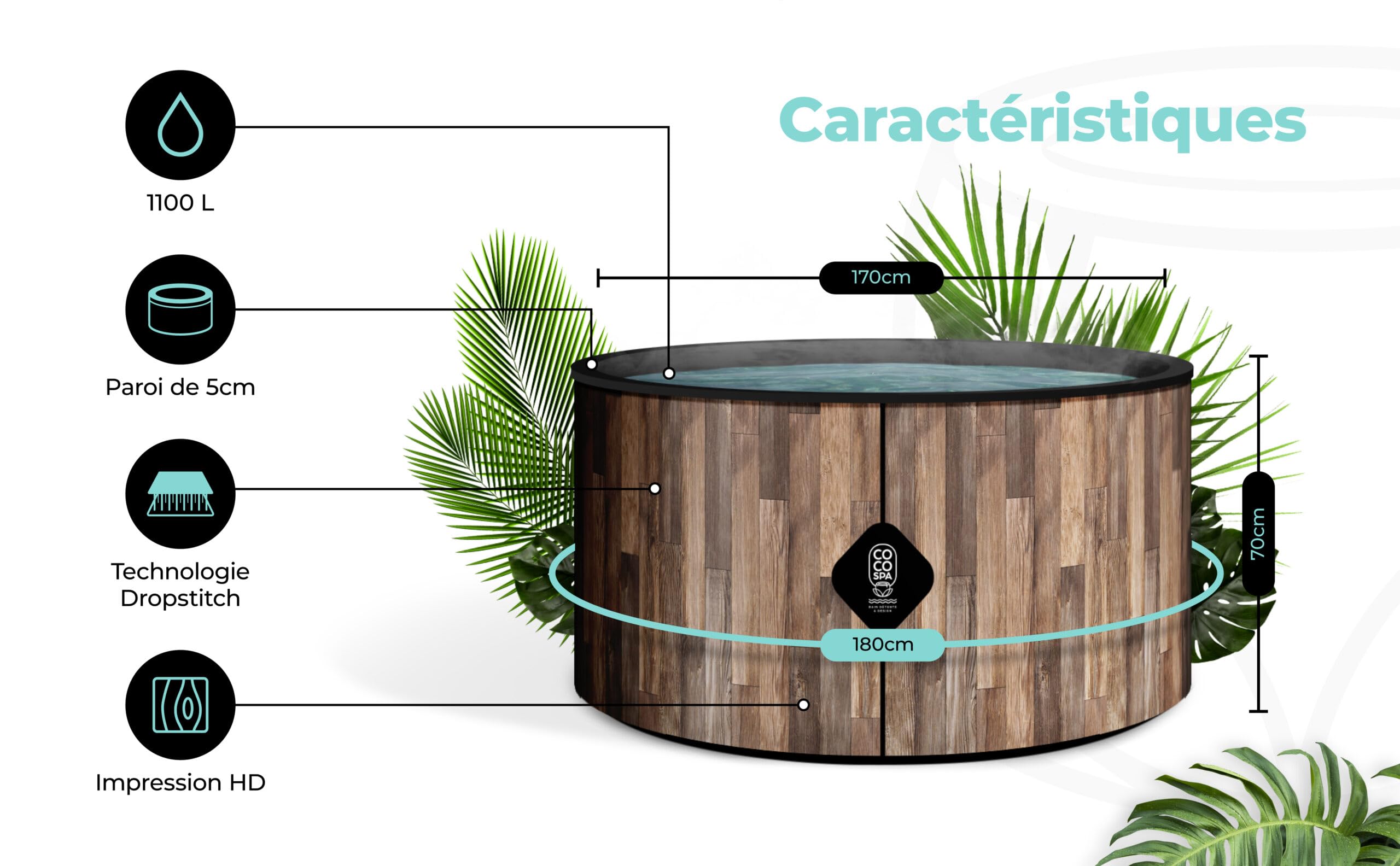 COCO SPA NORDIK Spa Inflable | 180 cm de diámetro | 1100 litros | Motor 2240 W | Hasta 6 personas | Masaje 140 chorros | Imitación madera natural