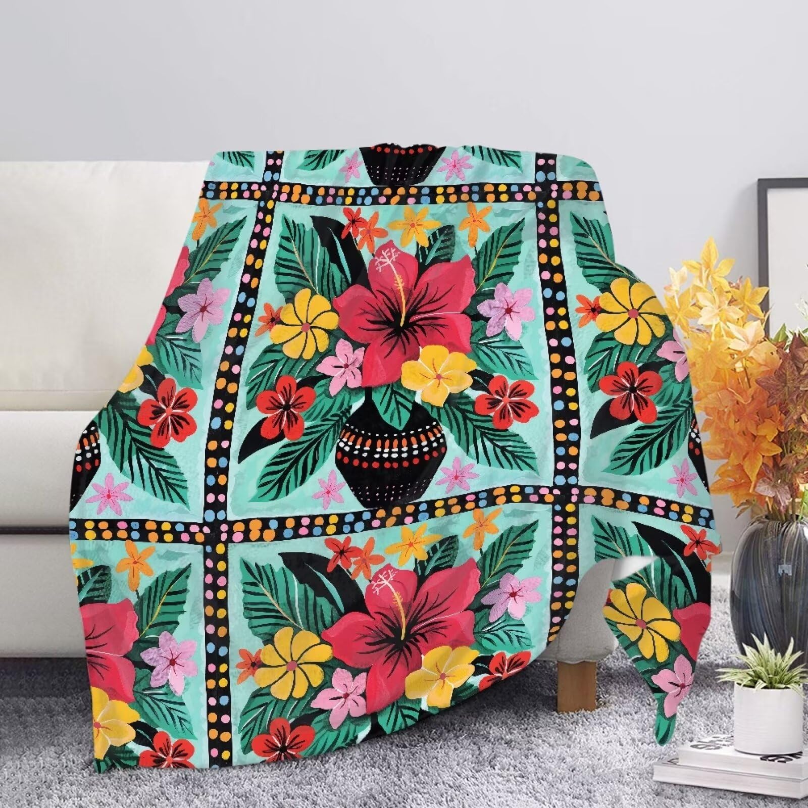 Coperta vintage con ibisco tropicale per divano, sedia, inverno, autunno, divano, copriletto, soggiorno, camera da letto, rettangolare, leggera, morbida, pelosa, per letto matrimoniale, verde
