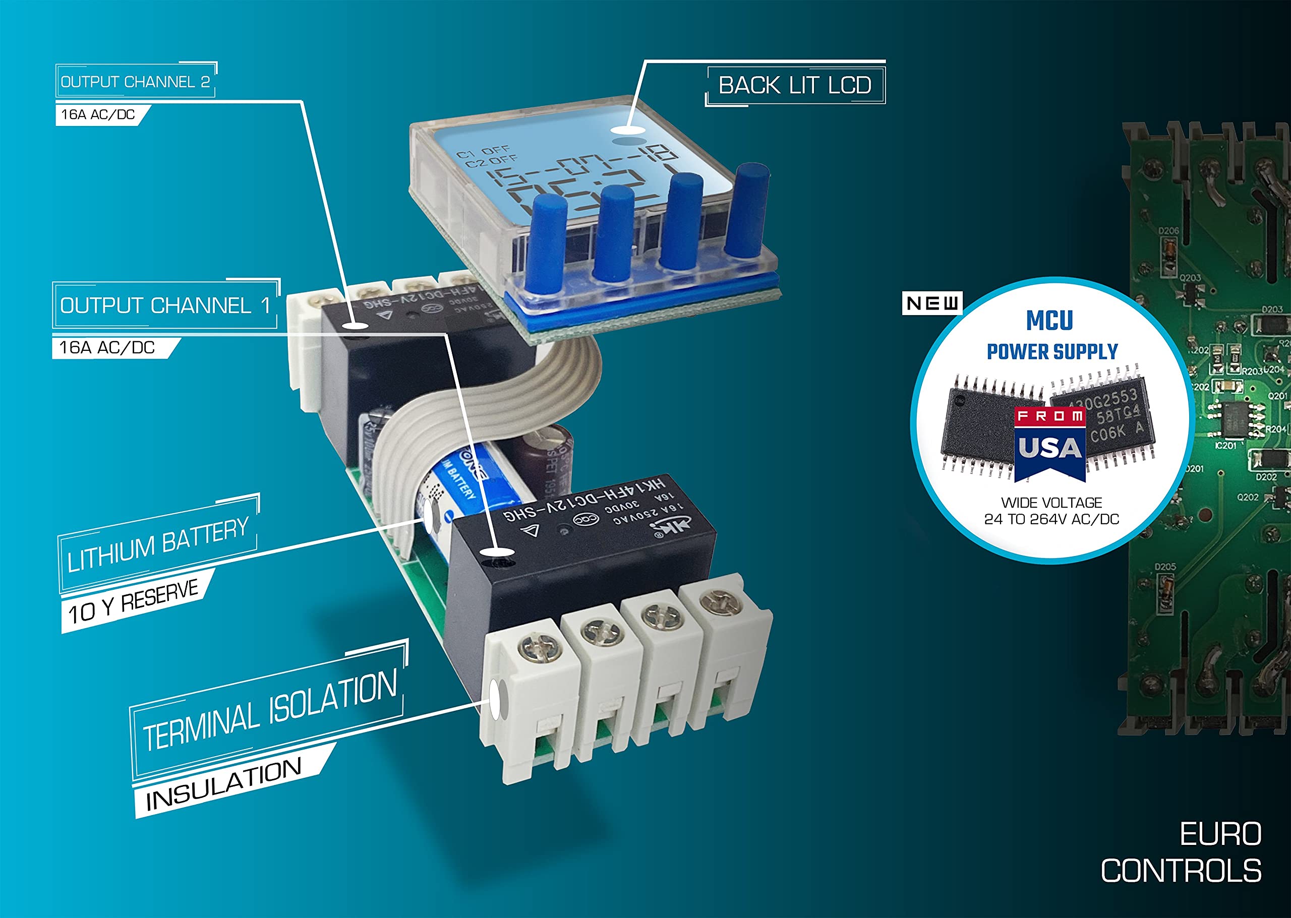 EuroControls Euro Controls EDT-PD2 German Tech - 2 Independent Channel Timer - 24 to 265 V AC/DC - LCD Backlit - 80 Programs Daily/Weekly/Pulse/Holiday modes - Electronic Timer Switch relay 2