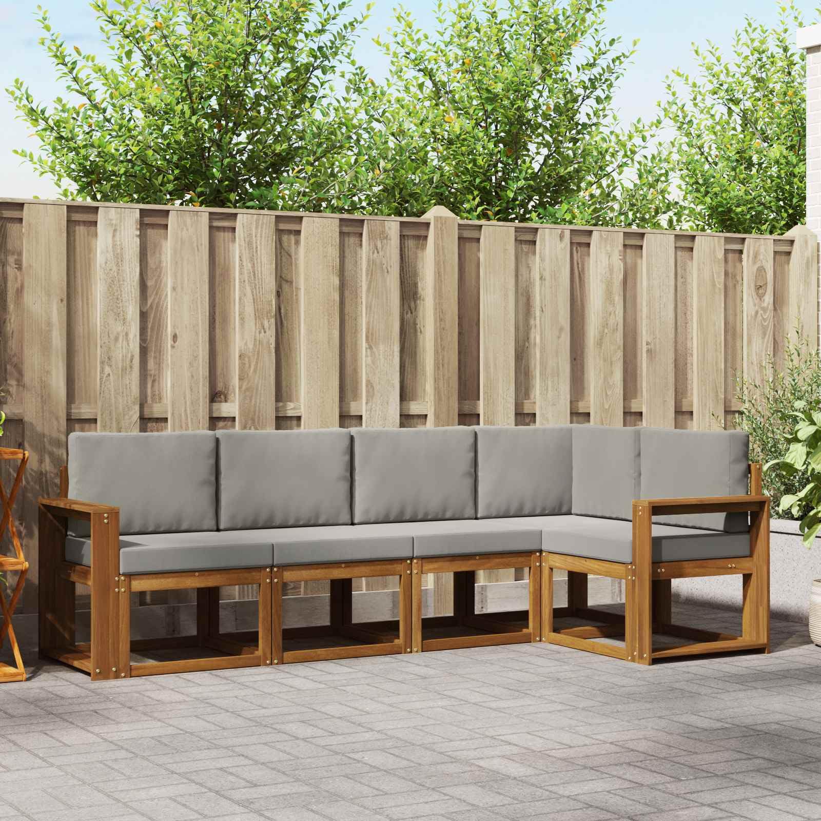 Ensemble de meubles de jardin 5 pièces en bois d'acacia massif et canapé modulable gris clair