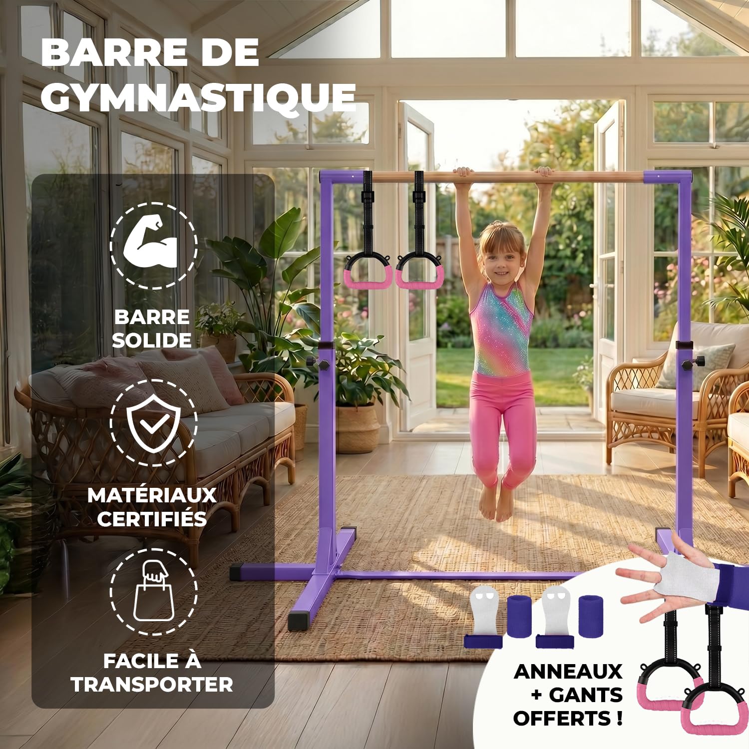 Gym Bar® Barre Gymnastique Enfant Violette + Anneaux Gym Roses | 13 Niveaux Ajustables 90-150 cm | Acier et Bois Hêtre | Sangles Réglables Antidérapantes | Fitness Intérieur Extérieur | Aerobik