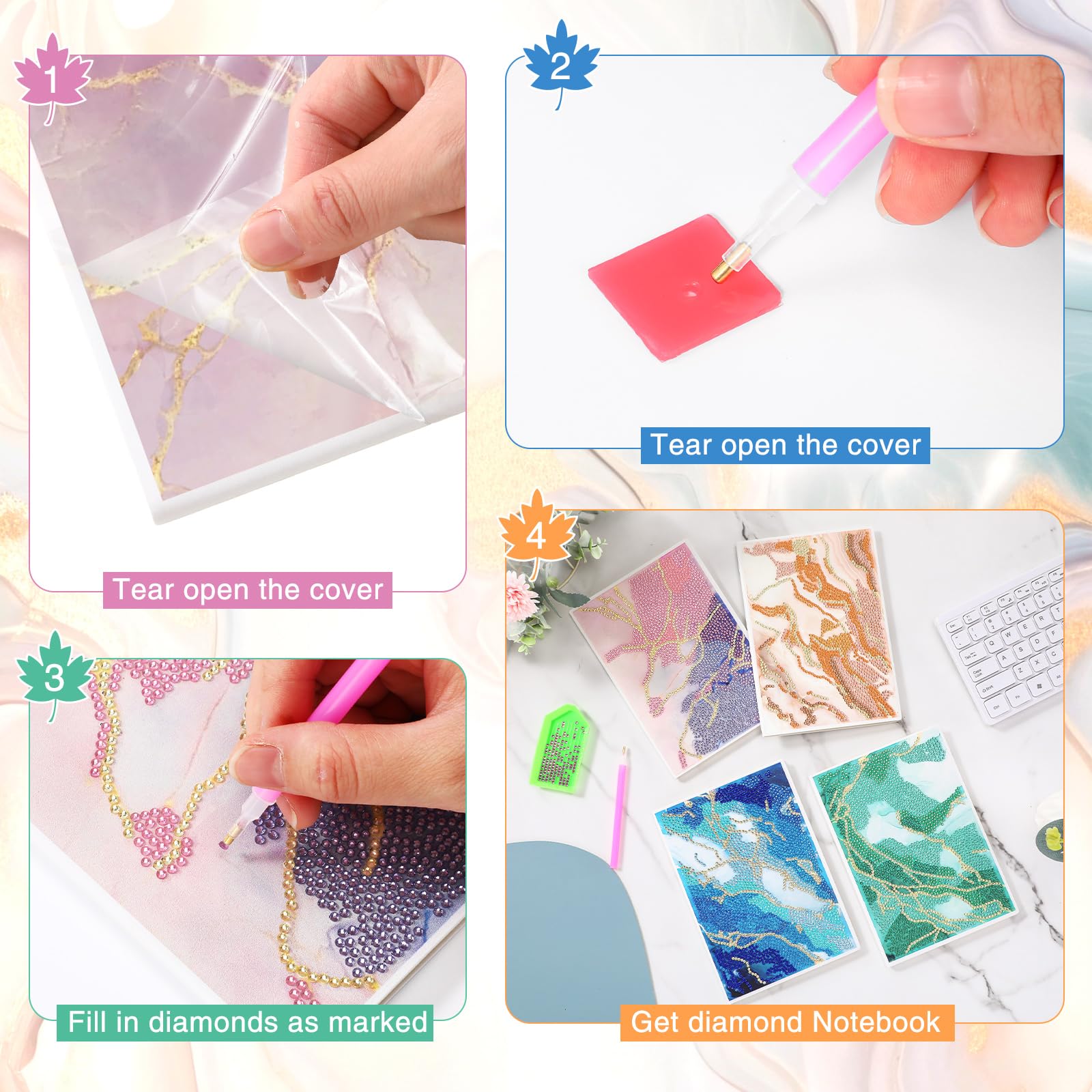 Mooliwe 4 cuadernos de pintura de diamantes 5D para adultos, diario de arte de diamantes, juegos de arte de diamantes, juegos de arte de diamantes, A5, cuaderno de bocetos de pintura de cuero,