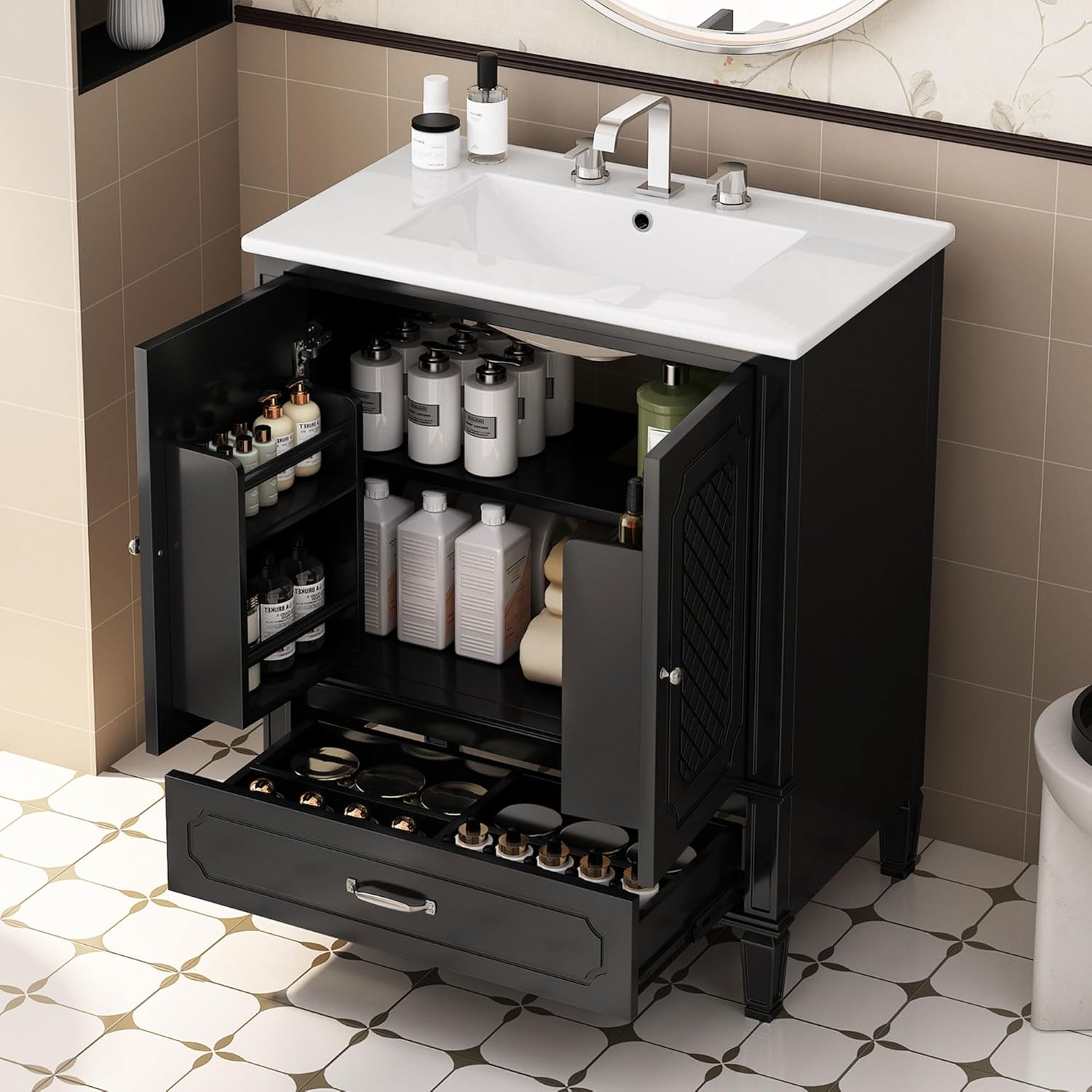 30" Bathroom Vanity with Sink, 30in Bathroom Sink Vanity with Bottom Drawer, Vintage 30inch Single Bathroom Sink Cabinet with Door Organizer Shelf, Floor Bathroom Cabinet with Ceramic Sink, Black