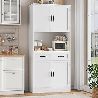 HOCSOK Kitchen Pantry Cupboard, 180 cm Tall Storage Cabinet with Countertop, 4-door Larder Cupboard with 2 Drawers, Kitchen Storage Units, White