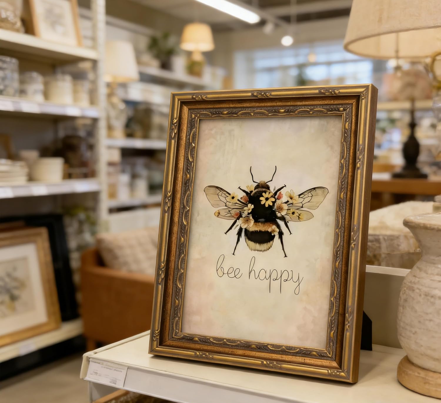 Gold Framed Vintage Bee Canvas Wall Art Retro Style Bee Happy Floral Painting Picture Wall Decor Animal Nursery Decor Poster Print Artwork for Living Room Bedroom Decor Home Decoration