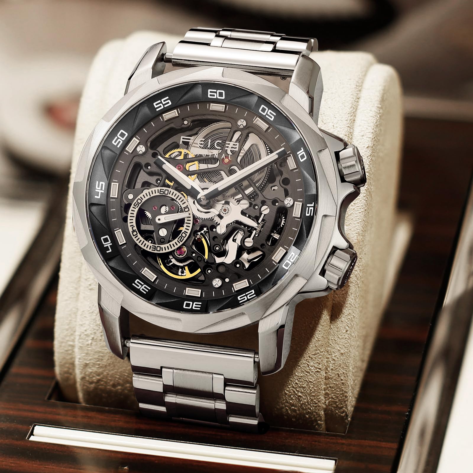 FEICE FM511 YHG Orologio da uomo automatico scheletro, lussuoso vetro zaffiro vetro quadrante blu lancette luminose, orologio da polso sportivo impermeabile 5ATM con cinturino in acciaio inossidabile