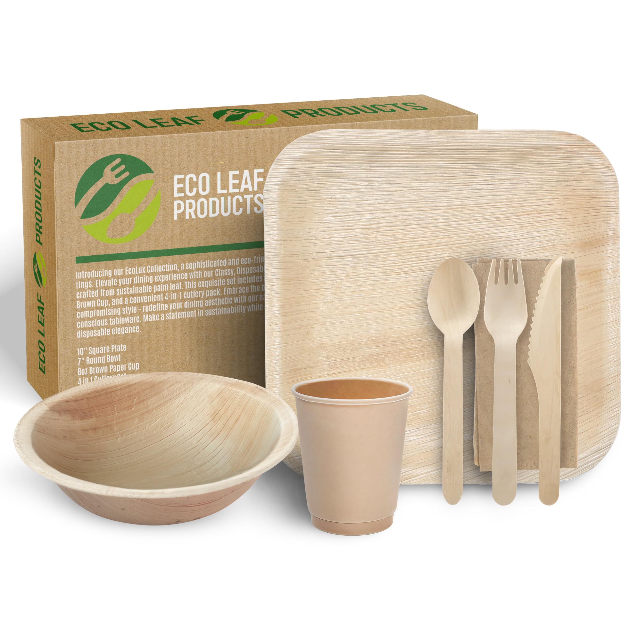 ECO Leaf 175 Pcs Disposable Palm Leaf Dinner Set | 25 X 10 Square Plates, 7" Round Bowls, 8oz Bamboo Paper Cups, Wooden Cutlery Set | Eco-Friendly, Biodegradable Heavy-Duty for Wedding, Party, Picnic