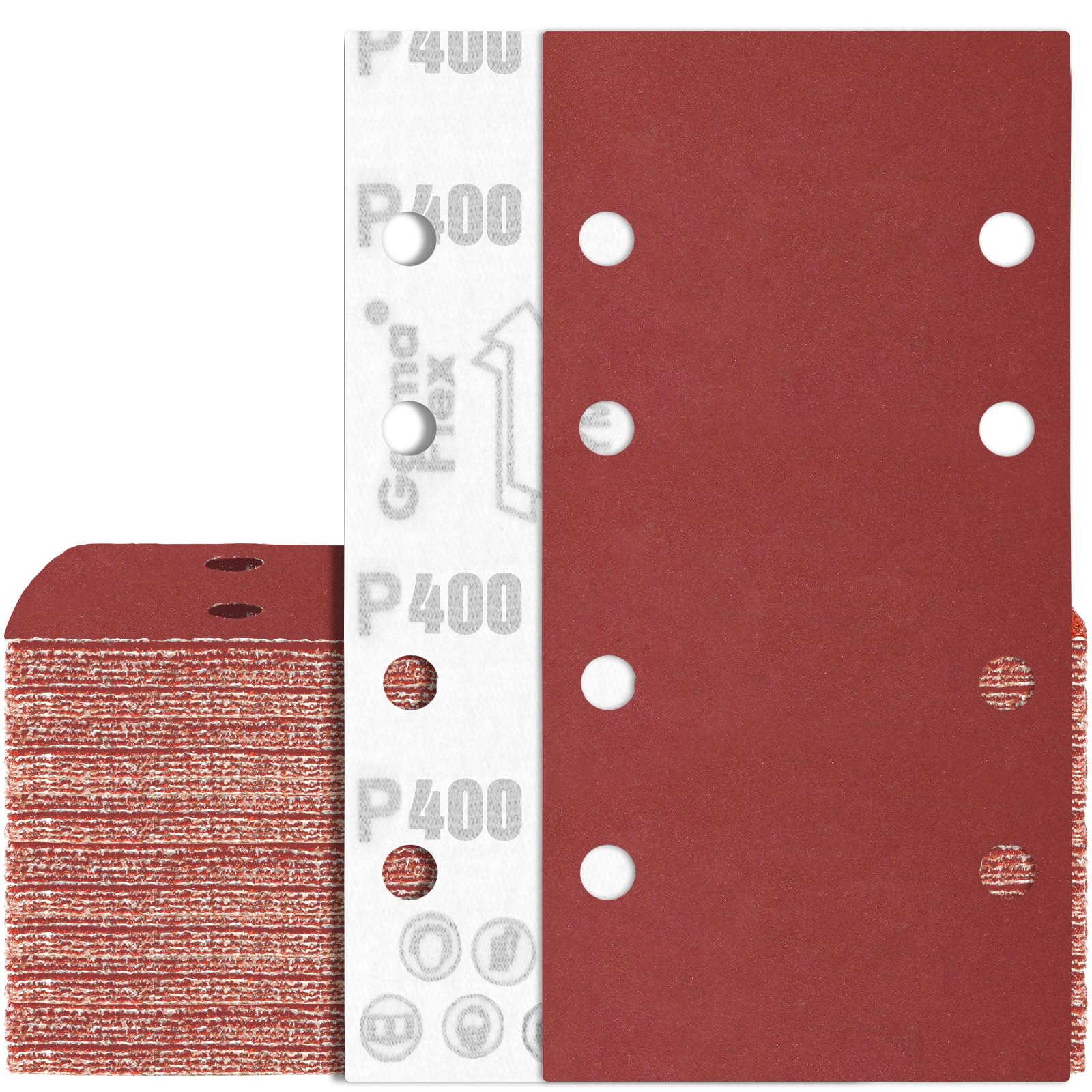 80PCS 93x185 mm Sanding Sheet P400 Sandpaper 8 Holes for 1/3 Sheet Orbital Sander, Red