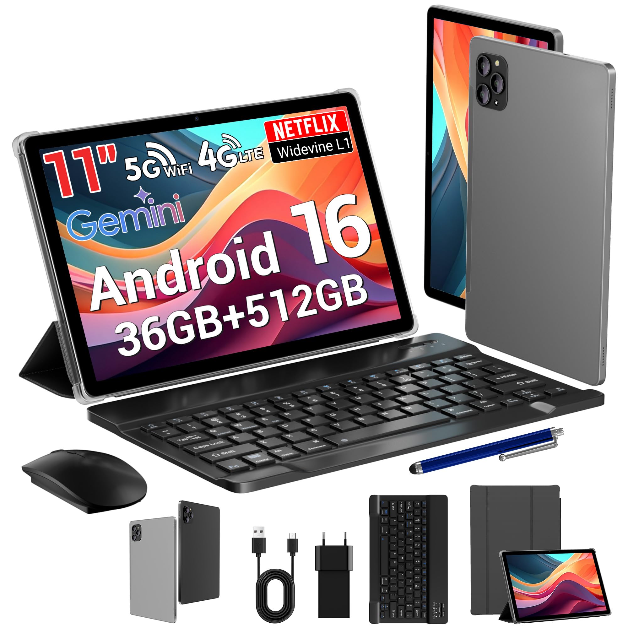 Android 16 Tablet 11 Pulgadas Tableta Gaming Octa-Core T615,36GB RAM+ 512GB ROM,Widevine L1,1920 * 1200 FHD,8000 mAh,Cámara 16MP+8MP, GPS,Tablet con Teclado,Gris