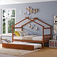 Vista 33 de Merax Cama de tamaño individual de madera estilo casa con valla, marco de cama de madera con techo y barandilla de seguridad para niños, Blanco