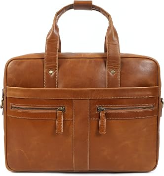 ELIZO Real Leather Messenger Bag for Men & Women, Satchel Bag with Padded Shoulder Strap, Mens Briefcase for Work, School & Travel, 16" Leather Laptop Bag with Compartments, Holders & Pockets Tan
