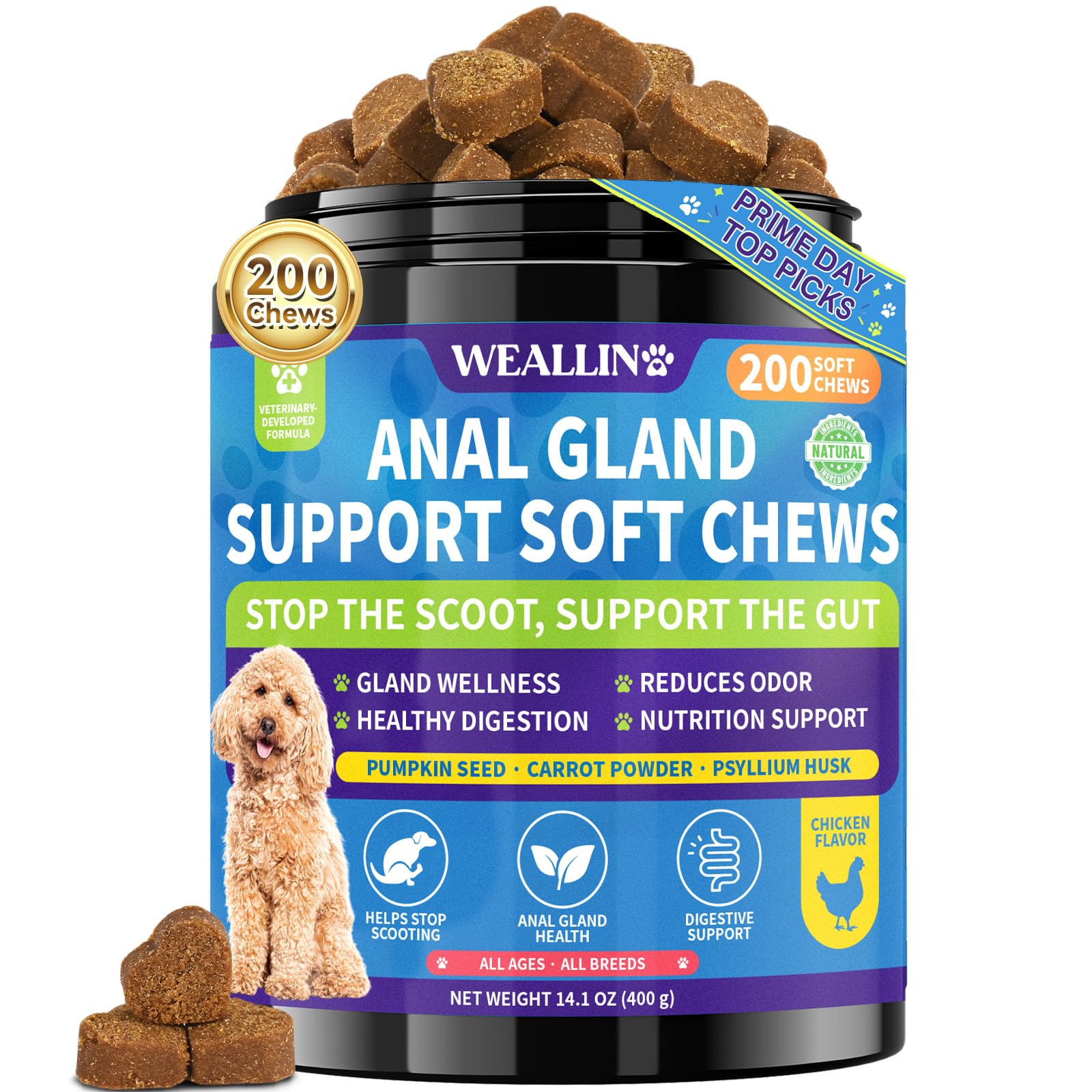 Anal Gland Chews For Dogs - No Scoot For Dogs With Pumpkin, Inulin & Probiotics For Dog Digestive, Supports Anal Gland Health & Bowel Function Fiber Supplement For Dogs Chicken Flavor 200 Soft Chews