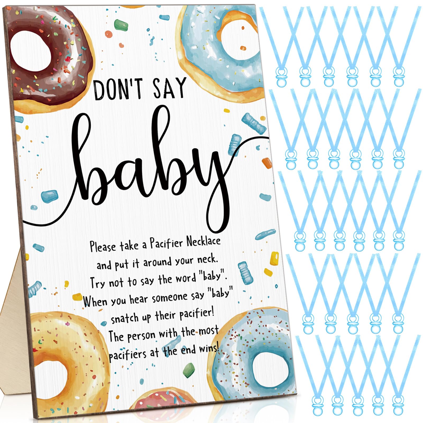 Wesiti 51 Pcs Baby Shower Games Pacifier Necklace Wooden Sign,Blue,Donut | 50 Necklaces with Acrylic Pacifiers, Gender Reveal Party Favors, We Can Bearly Wait Theme Decor for Shower Guests