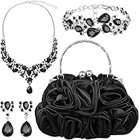 Paterr 4PCS Rose Flower Clutch Rhinestone Jewelry Set with Detachable Strap - Necklace, Earrings, Bracelet for Wedding Party Prom