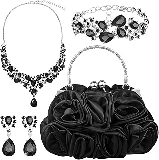 4 Pcs Flower Clutch Rhinestone Jewelry Set Rose Clutch Handbags with Detachable Strap Detachable Necklace Earrings Bracelets for Wedding Party Prom Valentine Gift