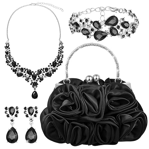 4 Pcs Flower Clutch Rhinestone Jewelry Set Rose Clutch Handbags