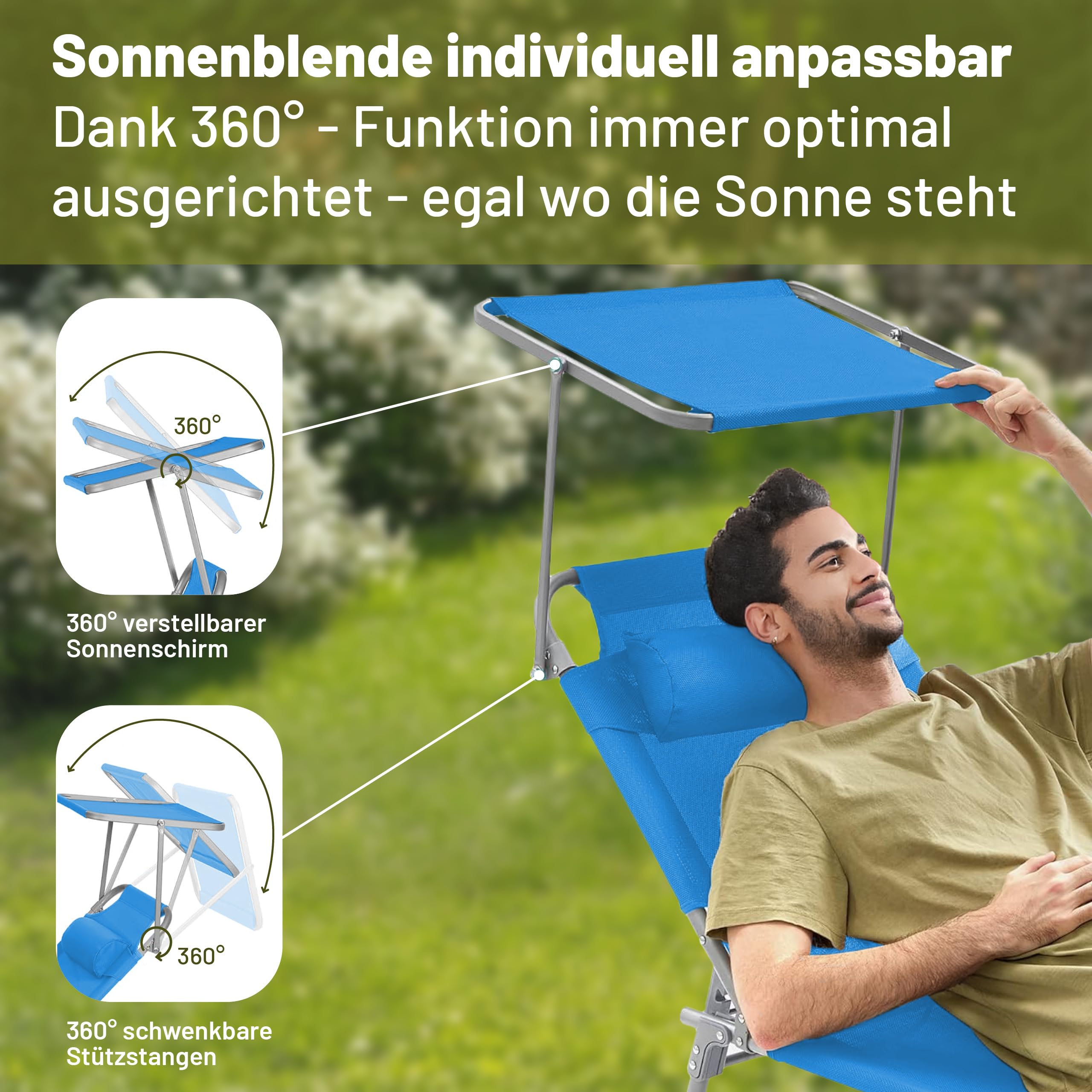 VCM Sonnenliege klappbar 185x24x55 cm Gartenliege faltbar Liegestuhl mit verstellbarem Sonnendach Blau