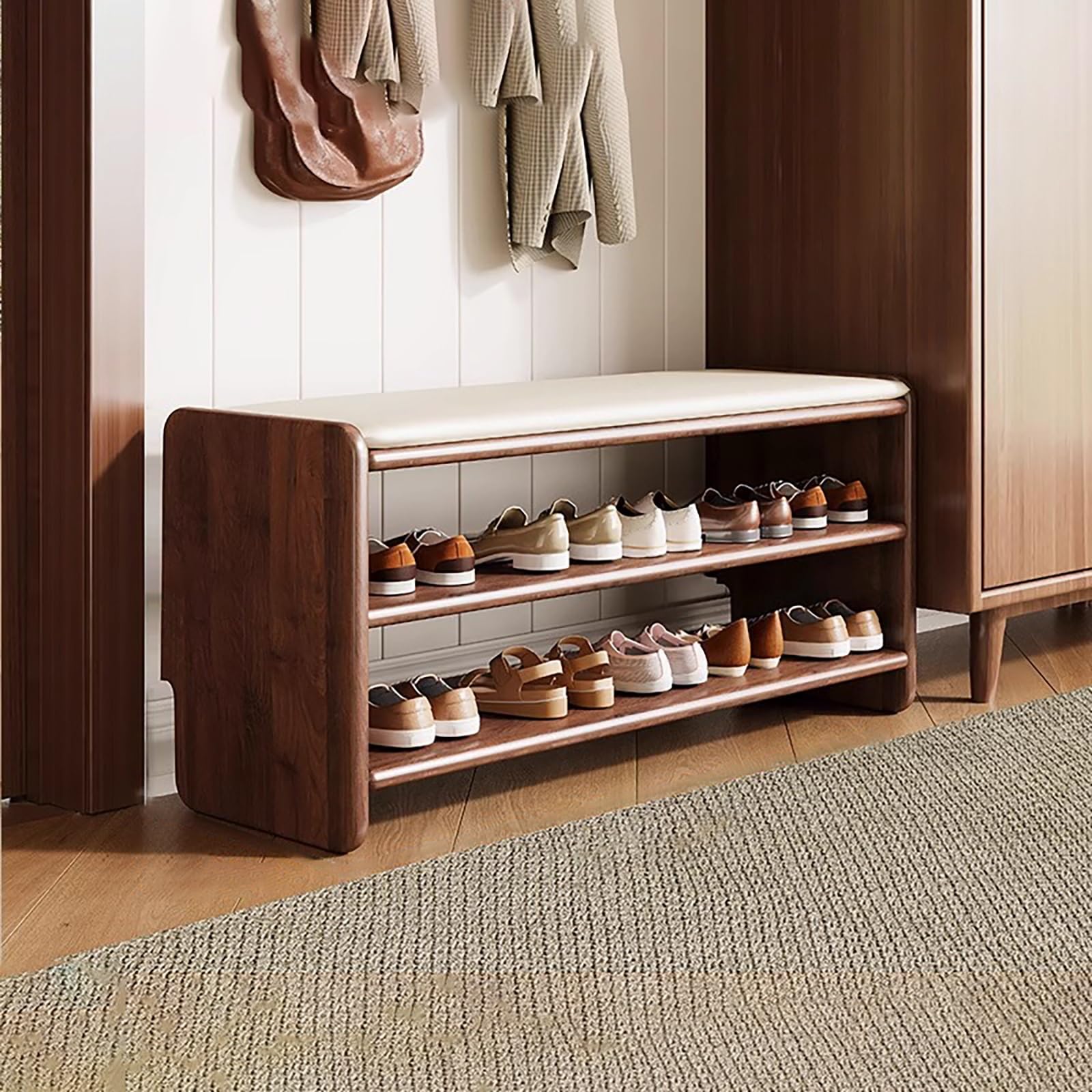 MSHGSKU Modern 2 Tier Wood Shoe Rack nizer with Padded Bench Seat Stylish Hallway Storage Solution for Entrance & Front Door (Walnut 100x30x42cm)