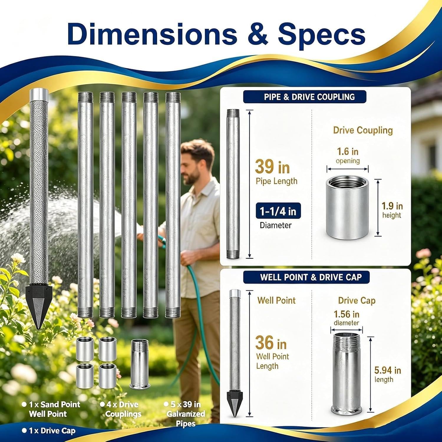 Kit Tubos para Pozo 1-1/4" NPT con Punta de Hierro Fundido | Incluye cinco acoplamientos y una tapa protectora para facilitar el montaje y proteger la rosca durante todos los golpes.